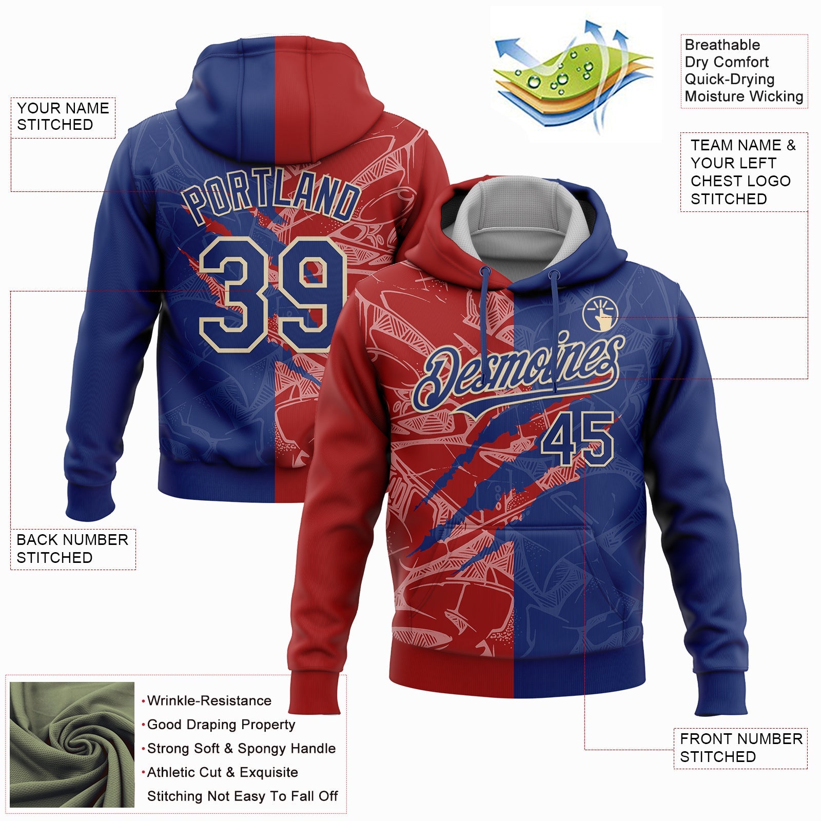 Custom Stitched Graffiti Pattern Royal Red-Cream 3D Scratch Sports Pullover Sweatshirt Hoodie view 2