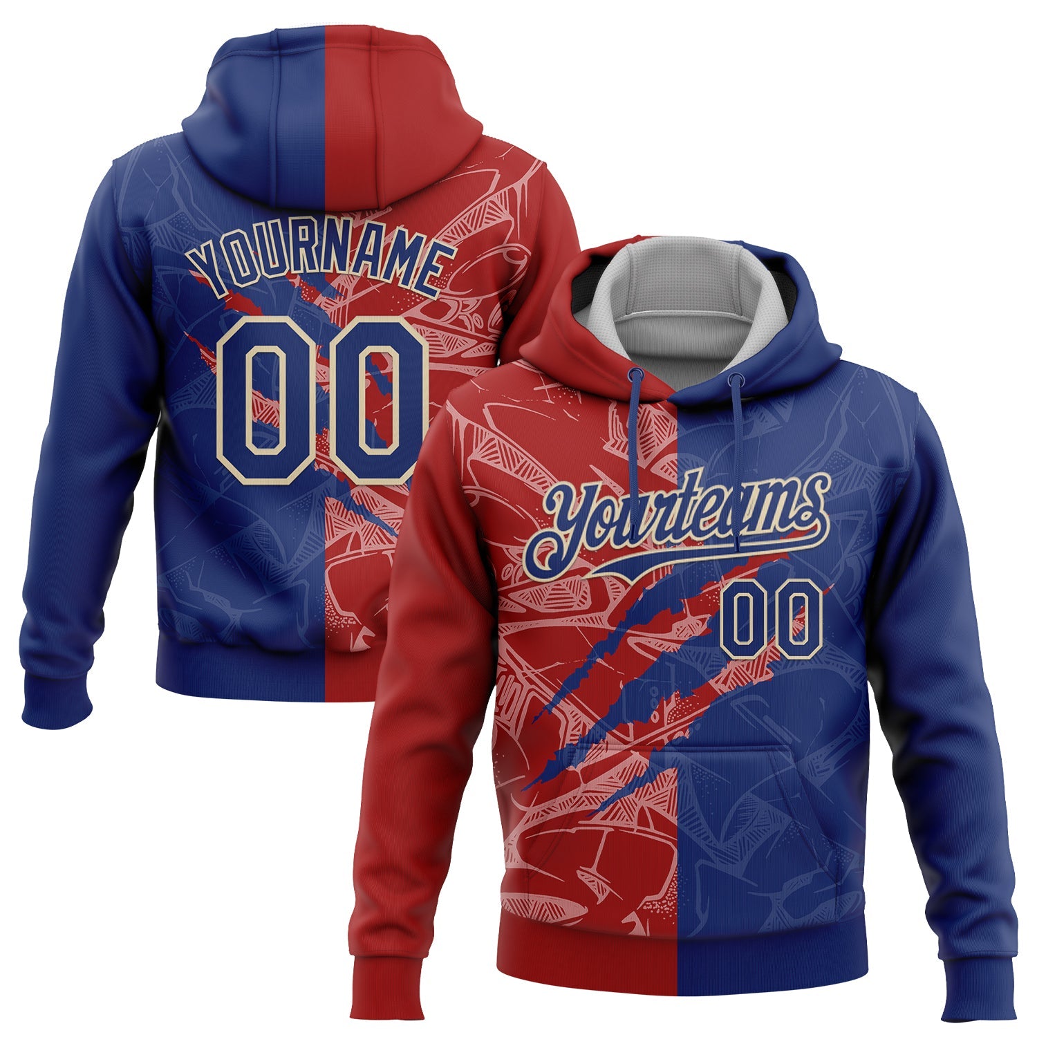 Custom Stitched Graffiti Pattern Royal Red-Cream 3D Scratch Sports Pullover Sweatshirt Hoodie - Main View