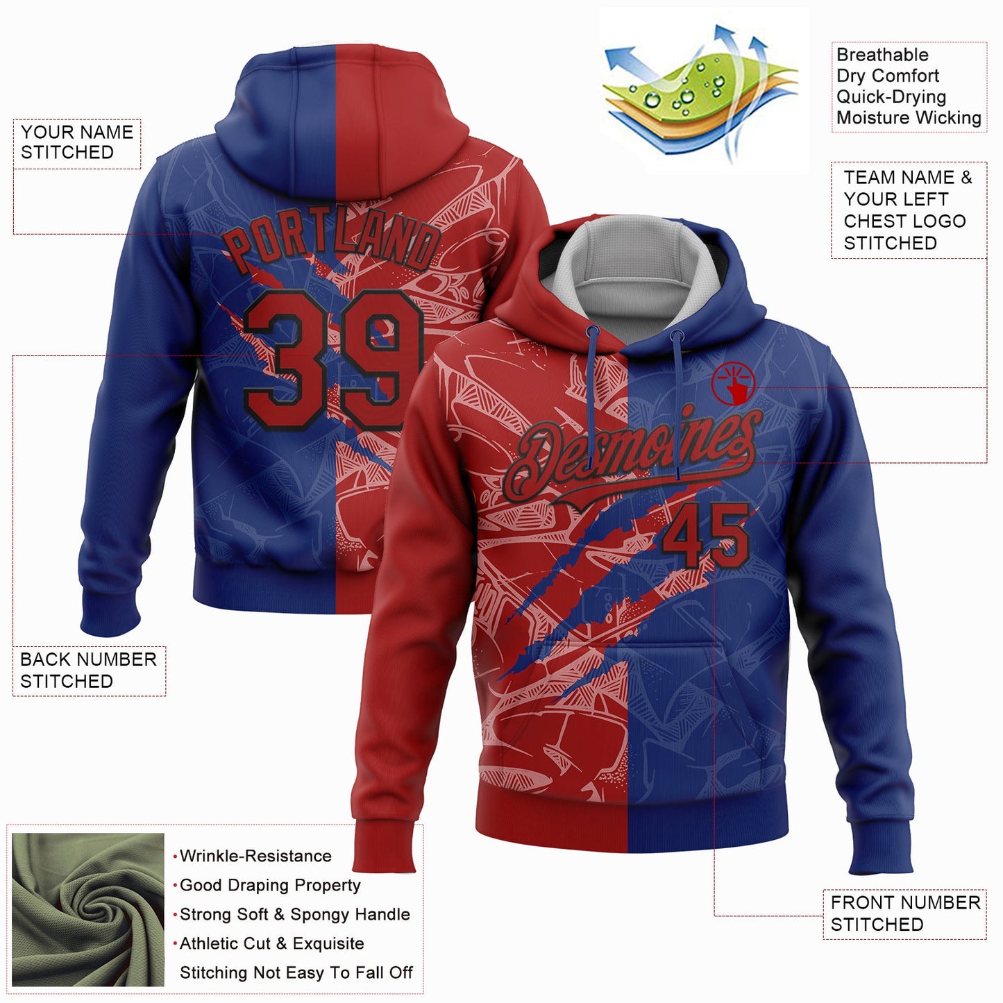 Custom Stitched Graffiti Pattern Red Royal-Black 3D Scratch Sports Pullover Sweatshirt Hoodie view 2