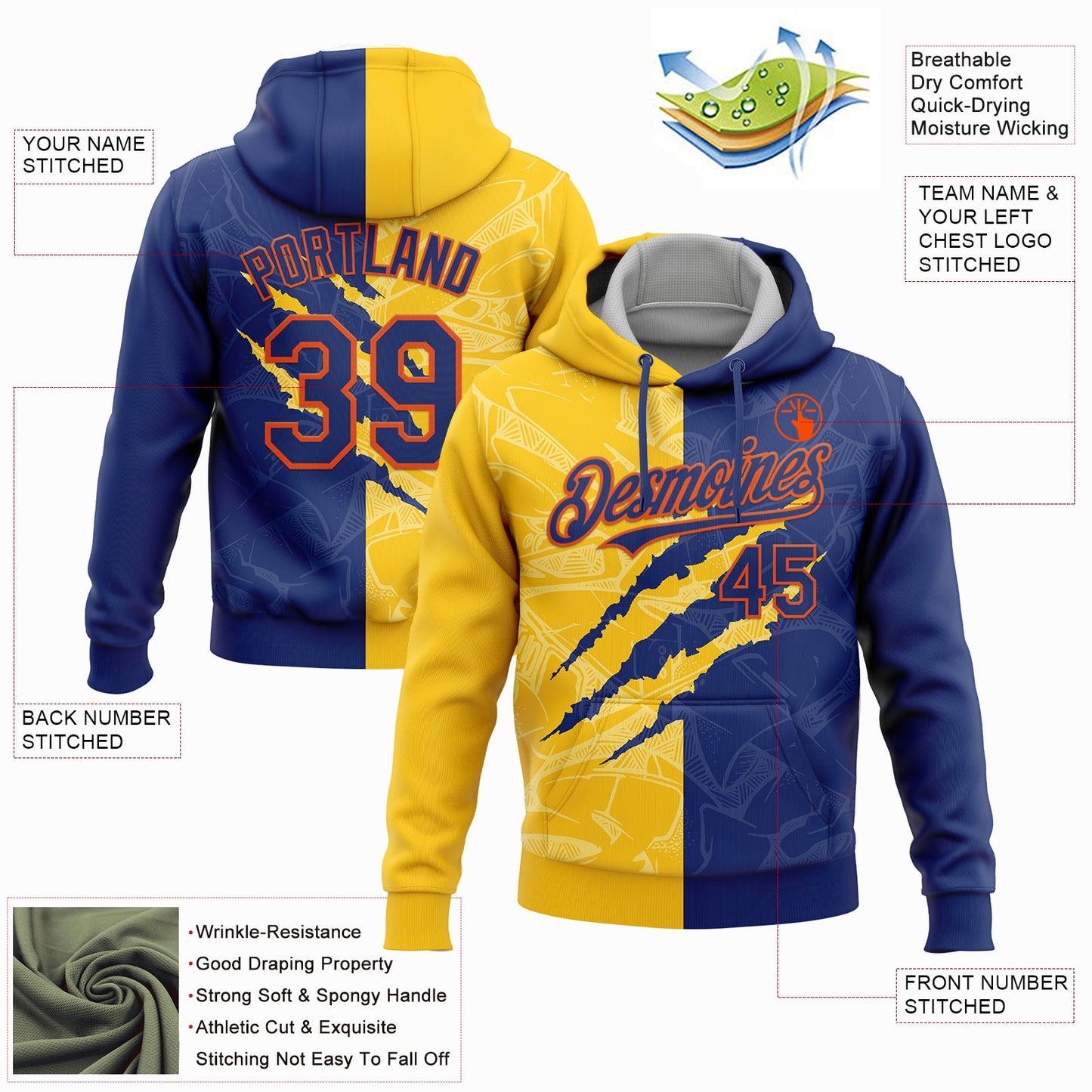 Custom Stitched Graffiti Pattern Royal Yellow-Orange 3D Scratch Sports Pullover Sweatshirt Hoodie view 2