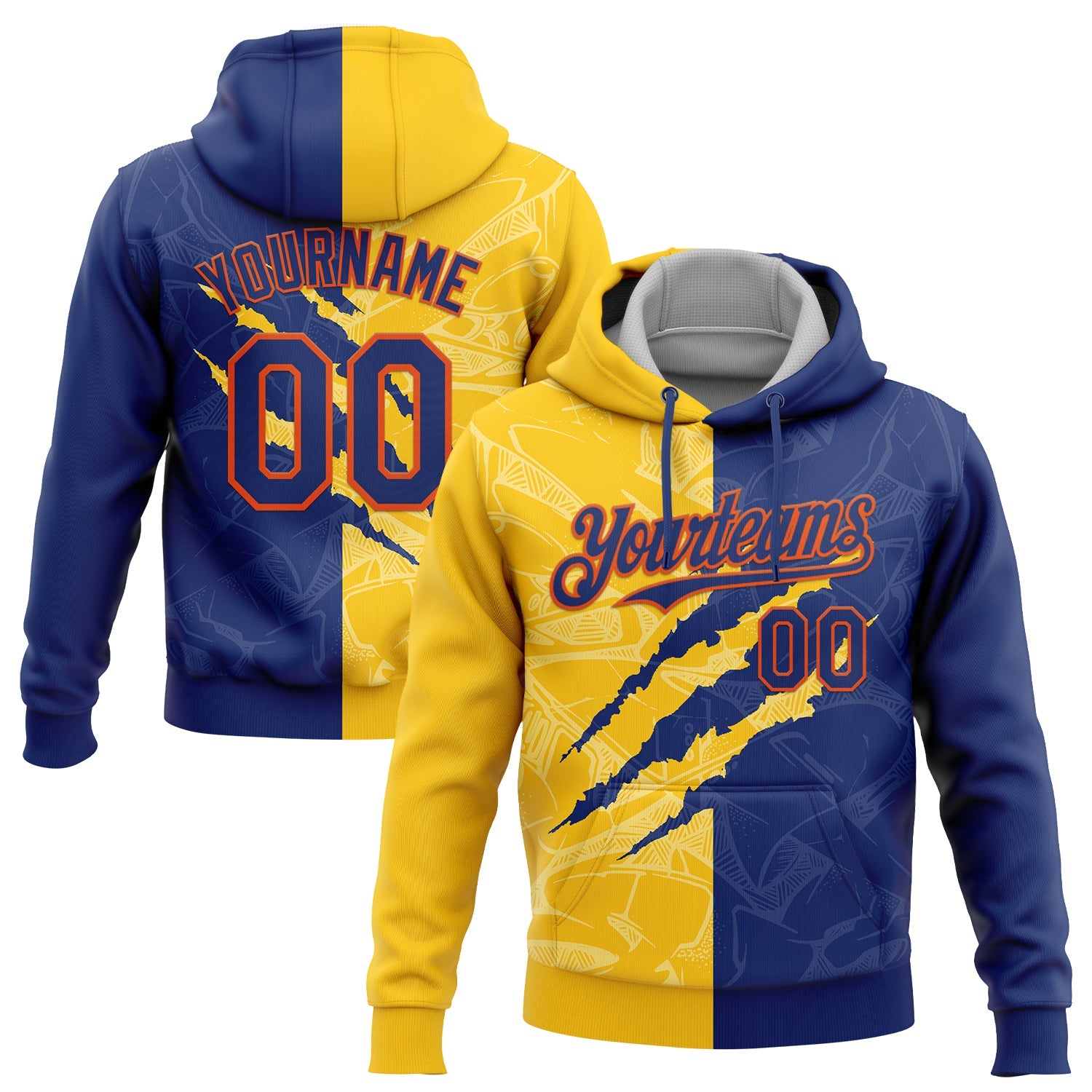 Custom Stitched Graffiti Pattern Royal Yellow-Orange 3D Scratch Sports Pullover Sweatshirt Hoodie - Main View