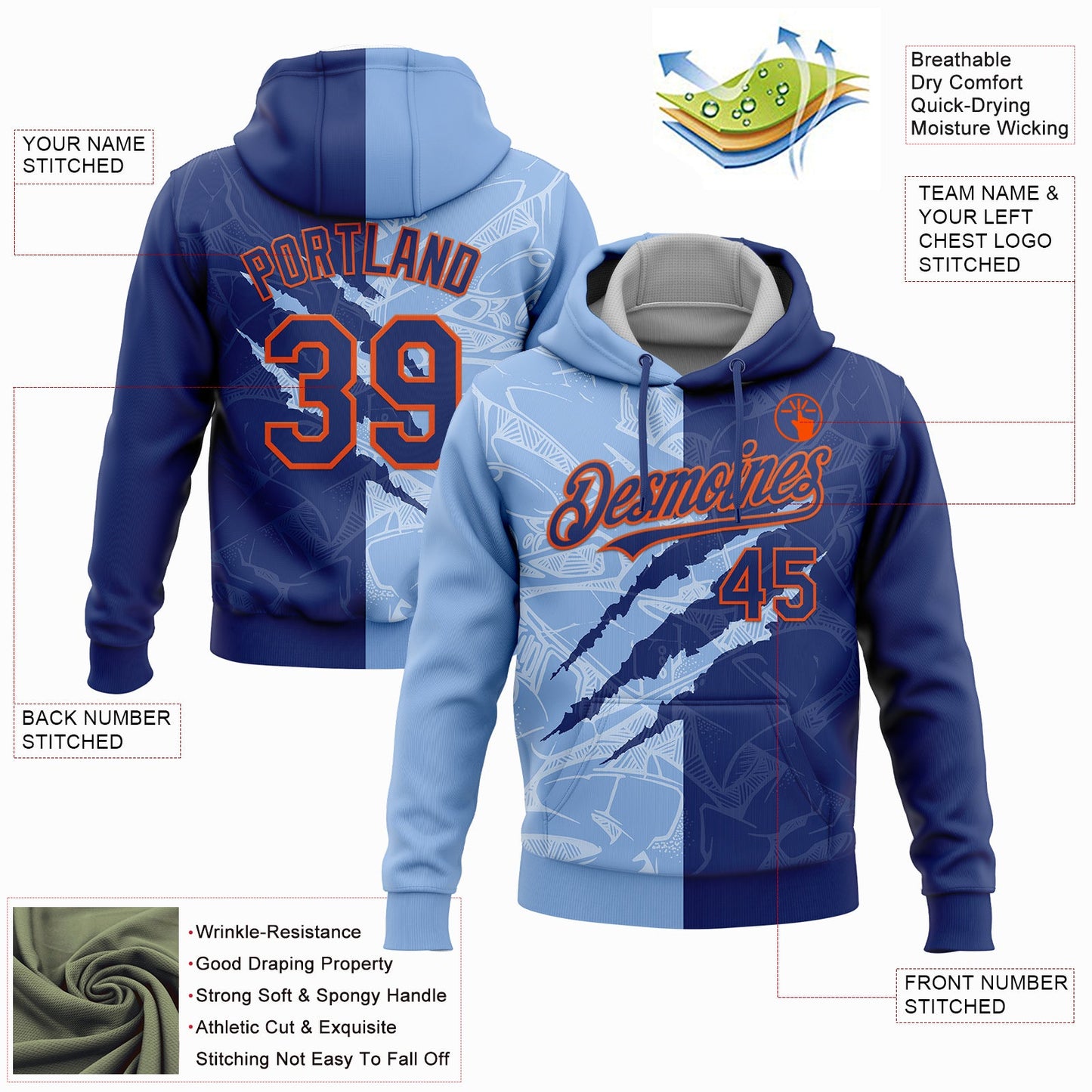 Custom Stitched Graffiti Pattern Royal Light Blue-Orange 3D Scratch Sports Pullover Sweatshirt Hoodie view 2