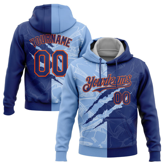 Custom Stitched Graffiti Pattern Royal Light Blue-Orange 3D Scratch Sports Pullover Sweatshirt Hoodie - Main View