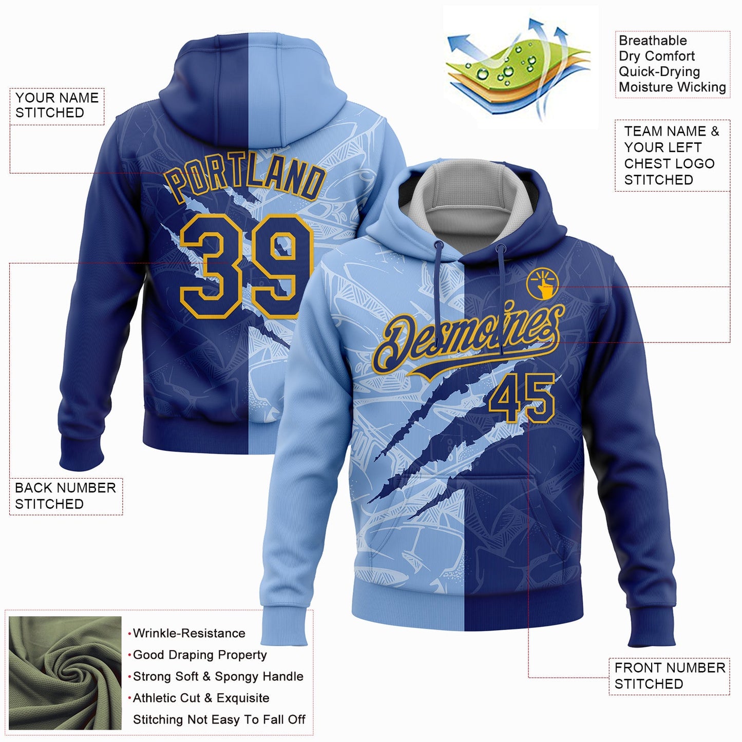 Custom Stitched Graffiti Pattern Royal Light Blue-Gold 3D Scratch Sports Pullover Sweatshirt Hoodie view 2