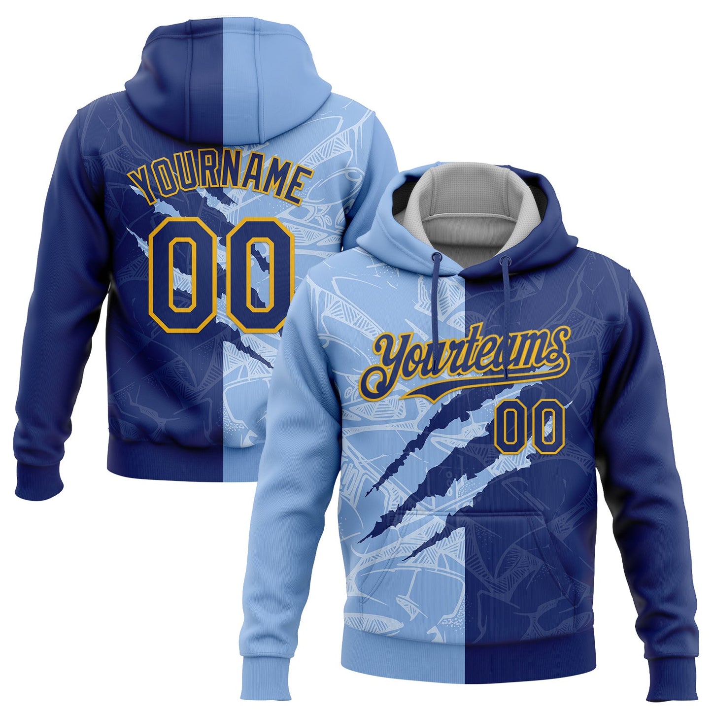 Custom Stitched Graffiti Pattern Royal Light Blue-Gold 3D Scratch Sports Pullover Sweatshirt Hoodie - Main View