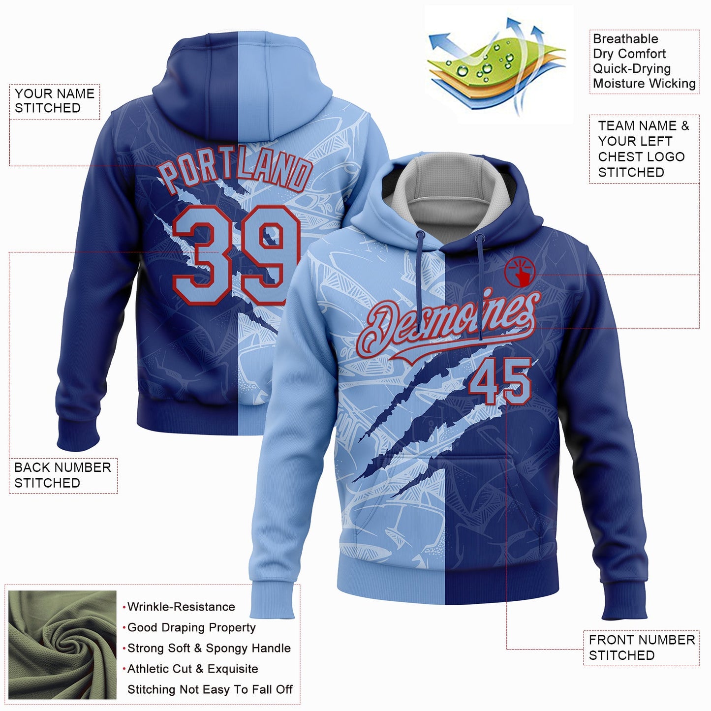 Custom Stitched Graffiti Pattern Light Blue Royal-Red 3D Scratch Sports Pullover Sweatshirt Hoodie view 2