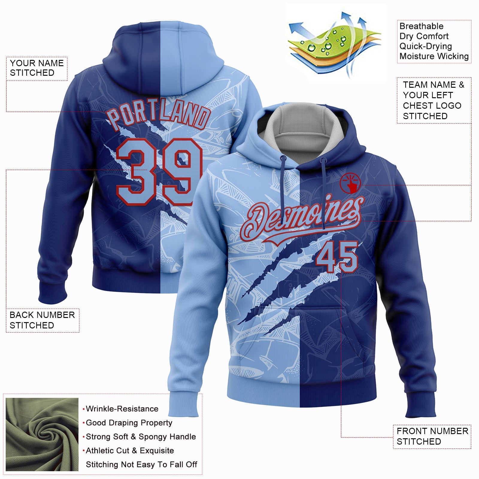 Custom Stitched Graffiti Pattern Light Blue Royal-Red 3D Scratch Sports Pullover Sweatshirt Hoodie view 2