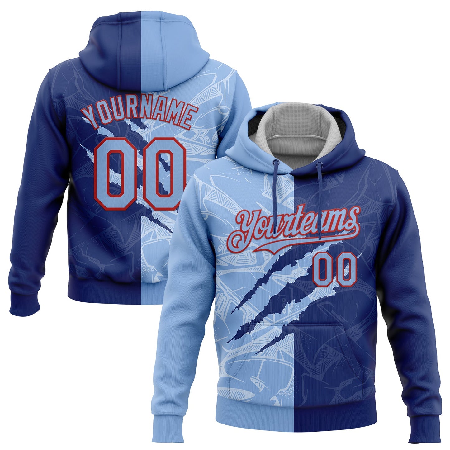 Custom Stitched Graffiti Pattern Light Blue Royal-Red 3D Scratch Sports Pullover Sweatshirt Hoodie - Main View