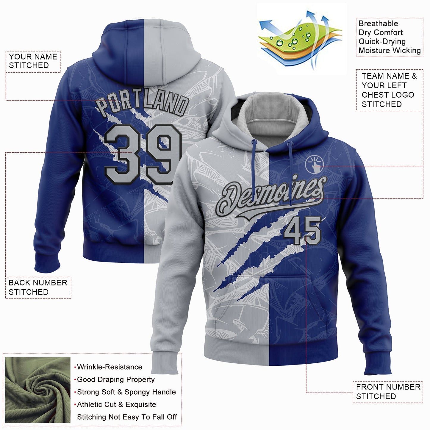 Custom Stitched Graffiti Pattern Gray Royal-Black 3D Scratch Sports Pullover Sweatshirt Hoodie view 2