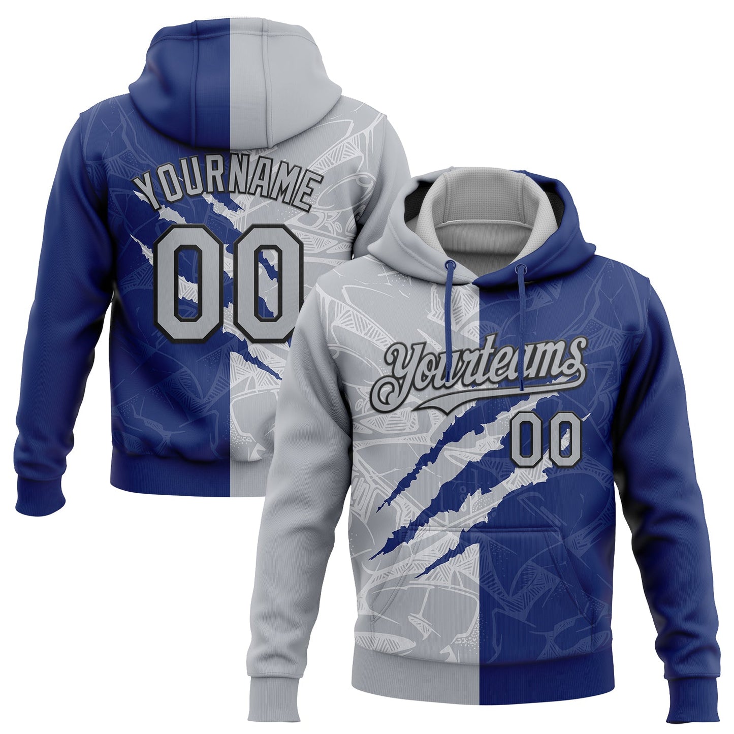 Custom Stitched Graffiti Pattern Gray Royal-Black 3D Scratch Sports Pullover Sweatshirt Hoodie - Main View