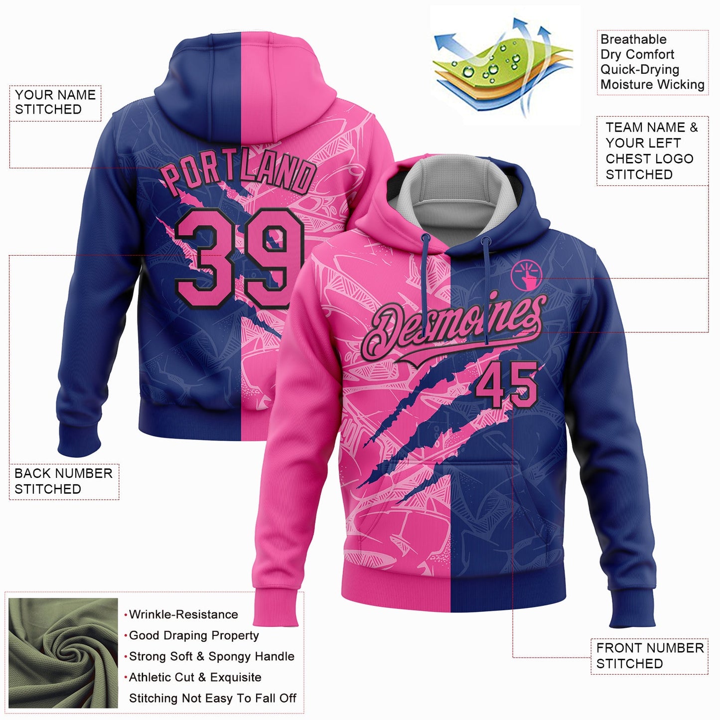 Custom Stitched Graffiti Pattern Pink Royal-Black 3D Scratch Sports Pullover Sweatshirt Hoodie view 2