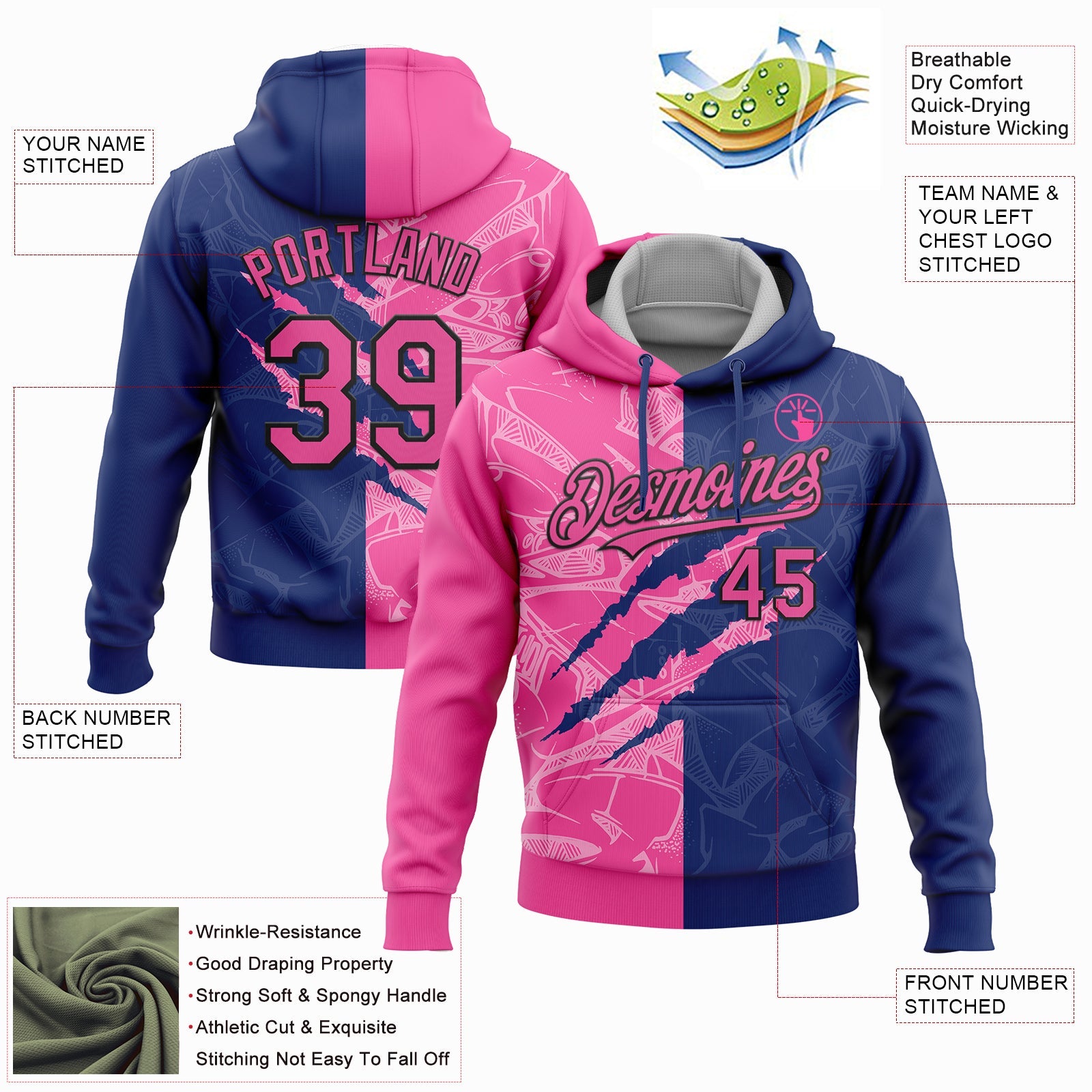 Custom Stitched Graffiti Pattern Pink Royal-Black 3D Scratch Sports Pullover Sweatshirt Hoodie view 2