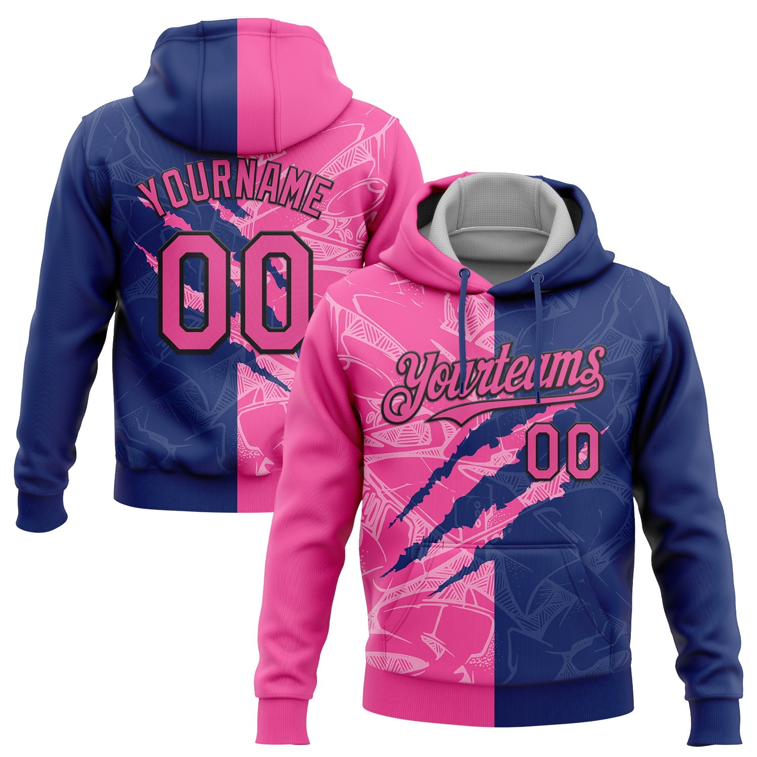 Custom Stitched Graffiti Pattern Pink Royal-Black 3D Scratch Sports Pullover Sweatshirt Hoodie - Main View