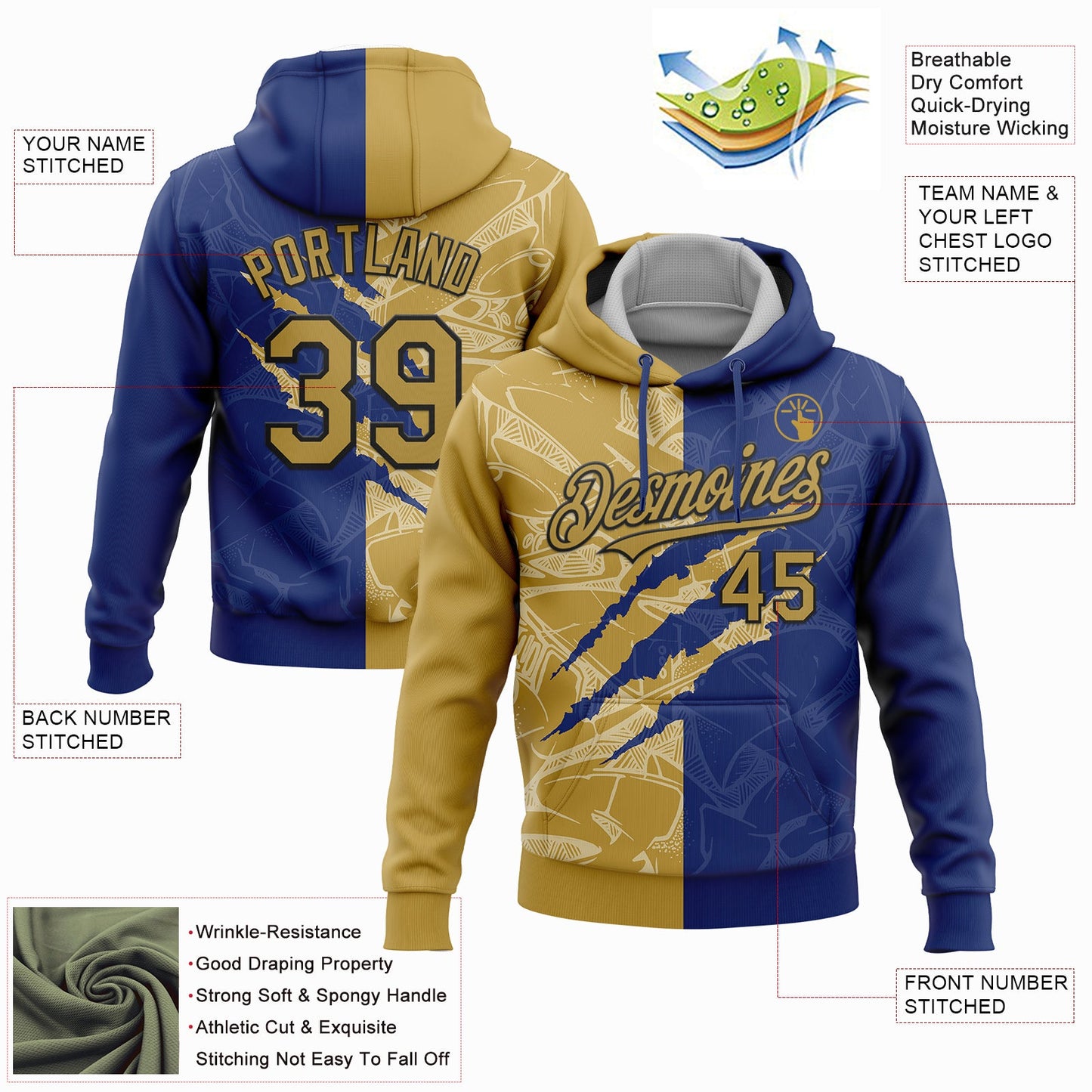Custom Stitched Graffiti Pattern Old Gold Royal-Black 3D Scratch Sports Pullover Sweatshirt Hoodie view 2