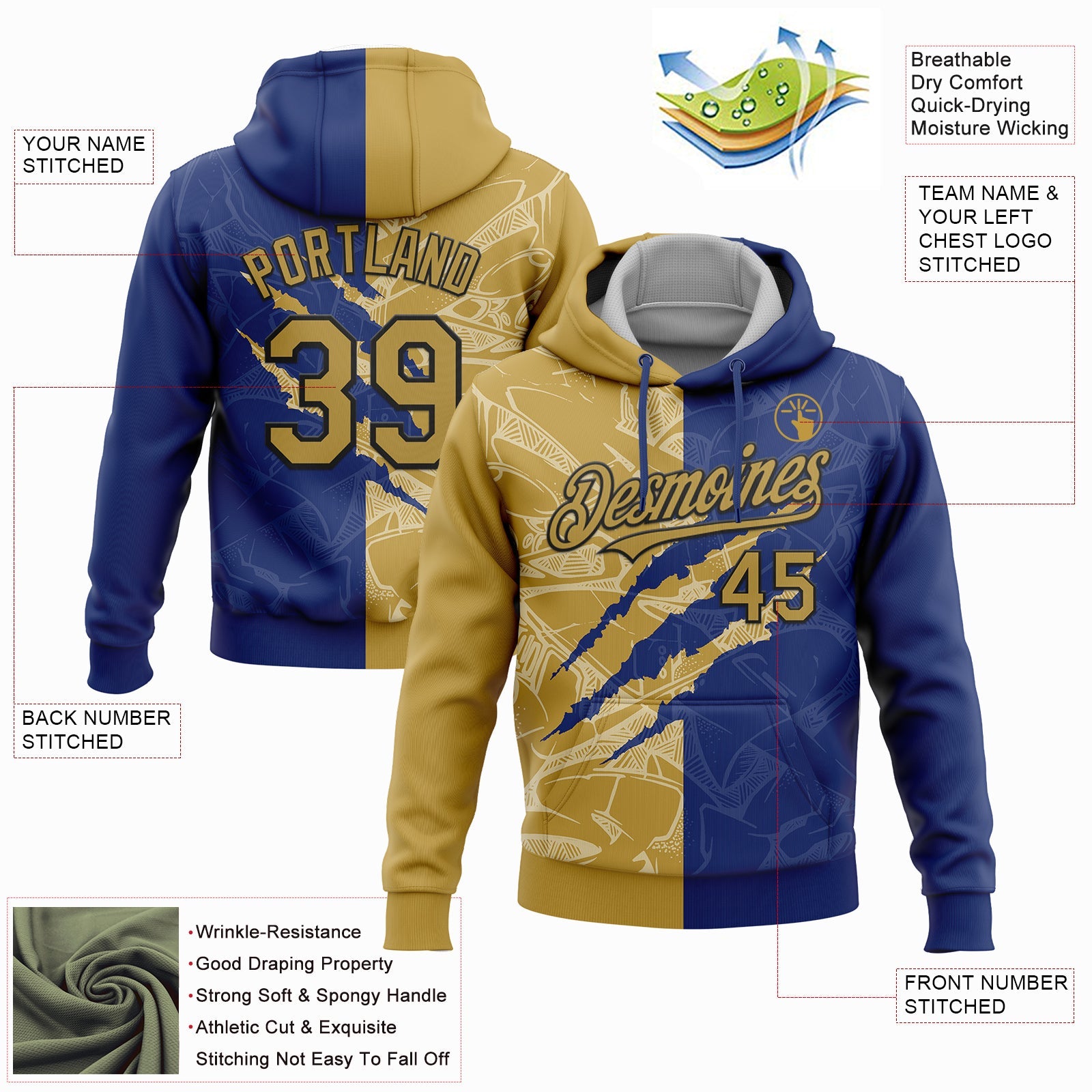 Custom Stitched Graffiti Pattern Old Gold Royal-Black 3D Scratch Sports Pullover Sweatshirt Hoodie view 2