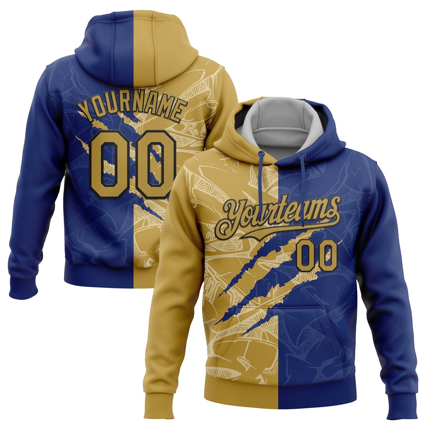 Custom Stitched Graffiti Pattern Old Gold Royal-Black 3D Scratch Sports Pullover Sweatshirt Hoodie - Main View