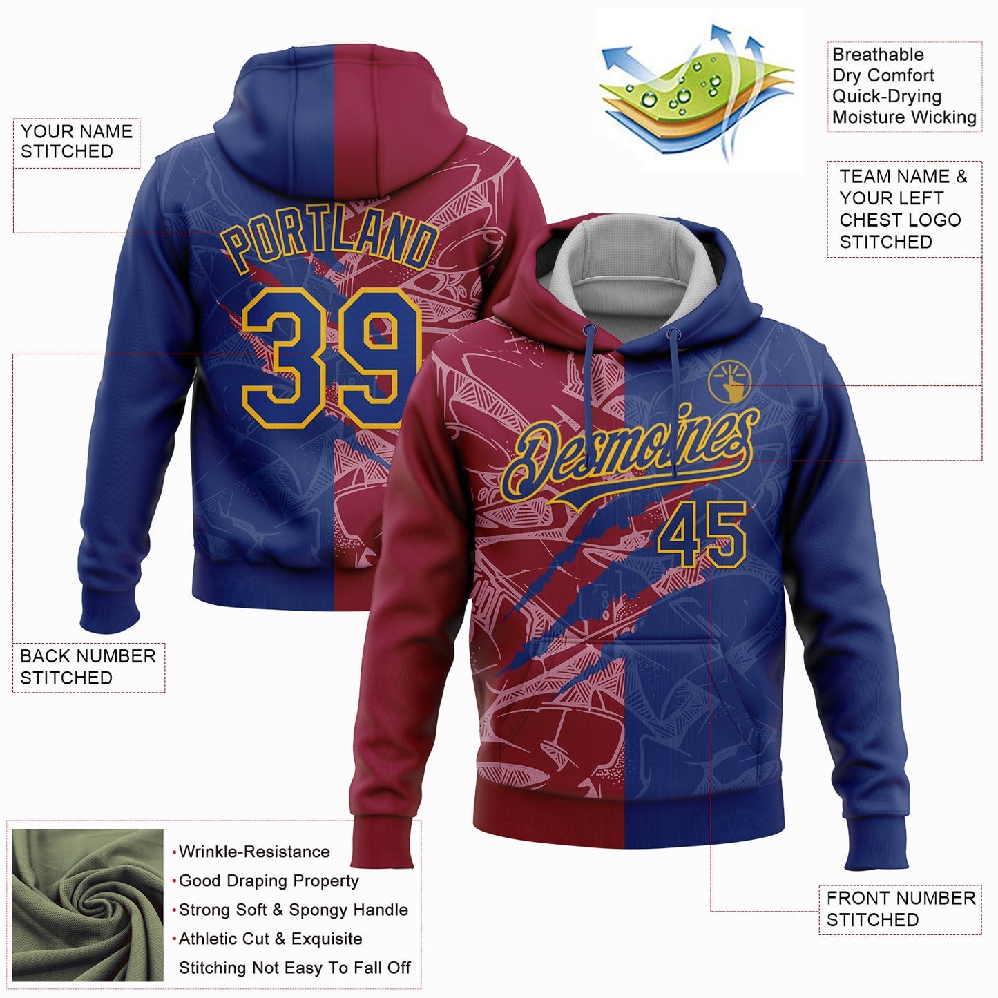 Custom Stitched Graffiti Pattern Royal Maroon-Gold 3D Scratch Sports Pullover Sweatshirt Hoodie view 2