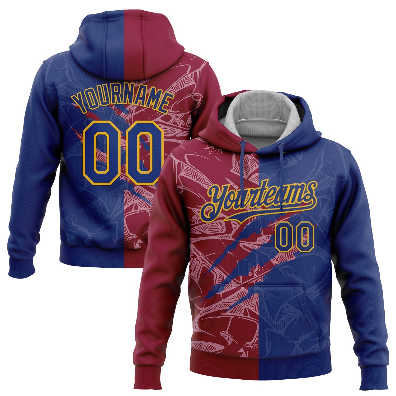 Custom Stitched Graffiti Pattern Royal Maroon-Gold 3D Scratch Sports Pullover Sweatshirt Hoodie - Main View