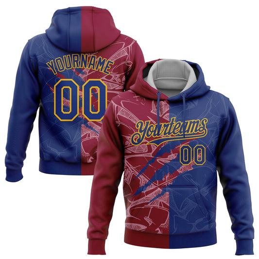 Custom Stitched Graffiti Pattern Royal Maroon-Gold 3D Scratch Sports Pullover Sweatshirt Hoodie - Main View
