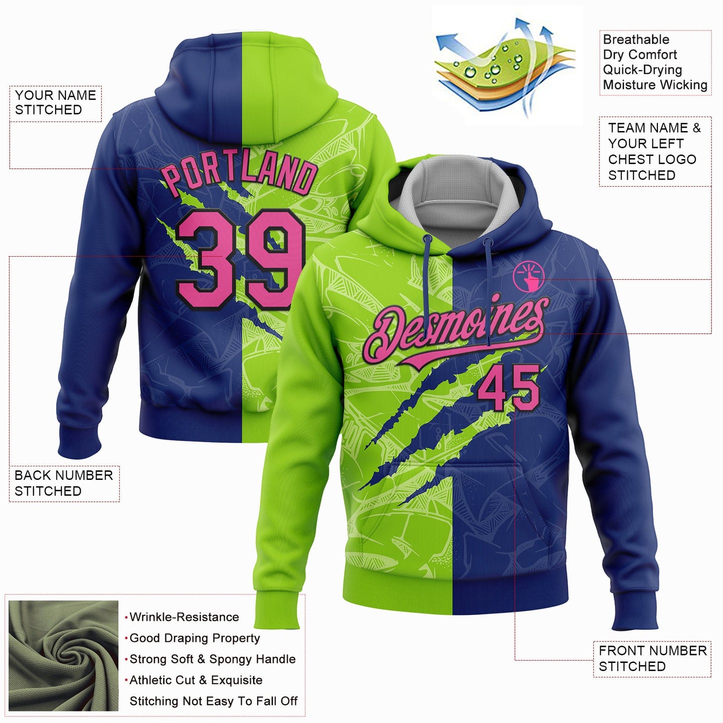 Custom Stitched Graffiti Pattern Pink Royal Neon Green-Black 3D Scratch Sports Pullover Sweatshirt Hoodie view 2