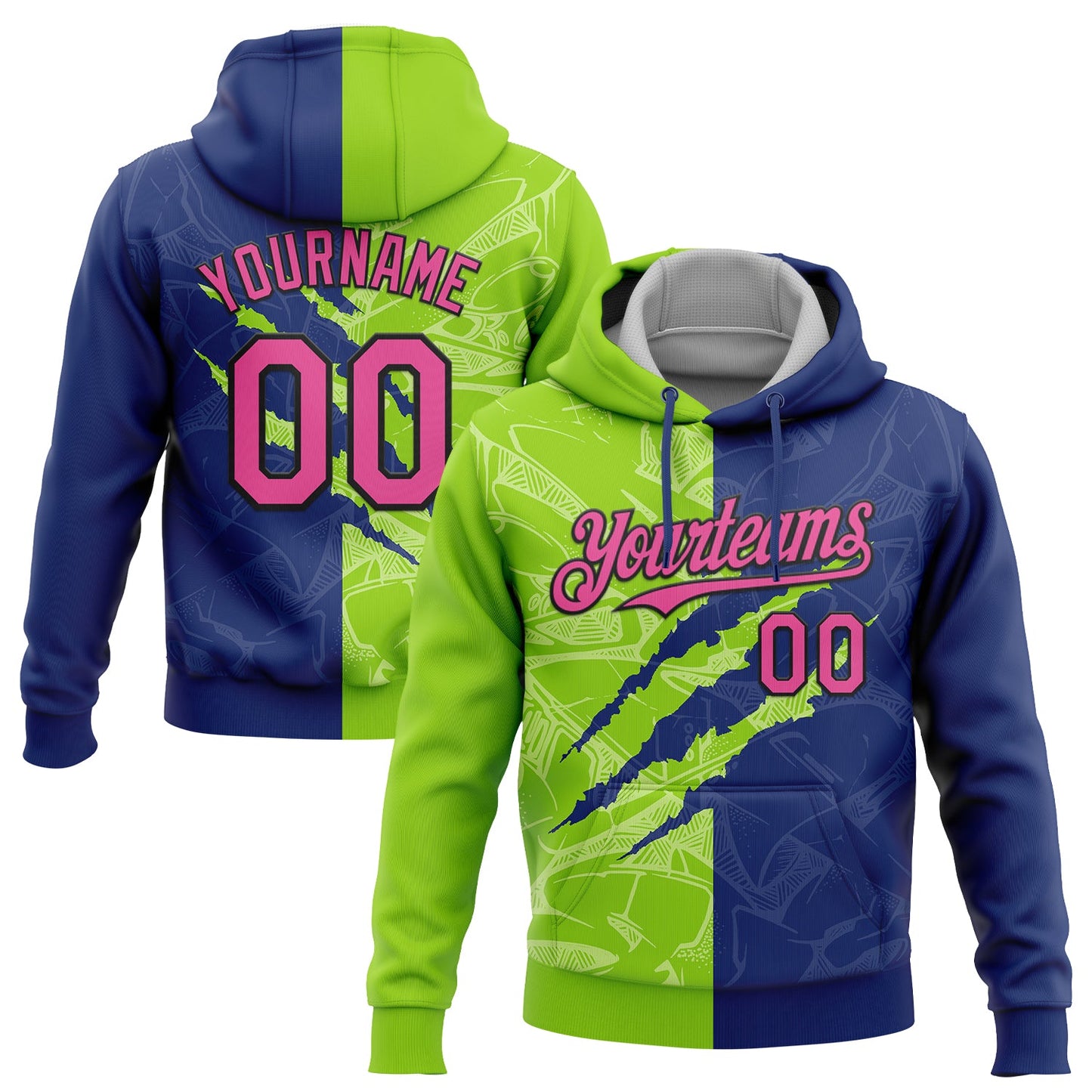 Custom Stitched Graffiti Pattern Pink Royal Neon Green-Black 3D Scratch Sports Pullover Sweatshirt Hoodie - Main View