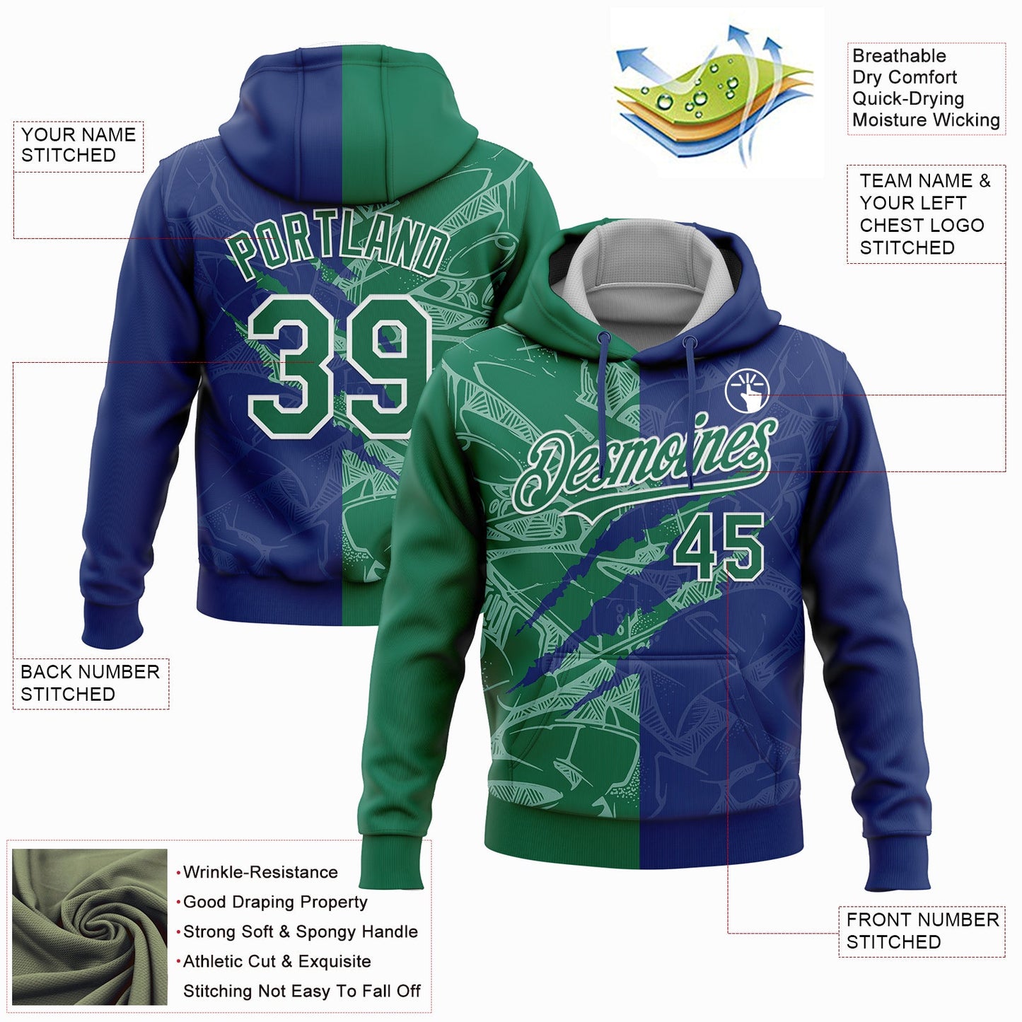 Custom Stitched Graffiti Pattern Kelly Green Royal-White 3D Scratch Sports Pullover Sweatshirt Hoodie view 2