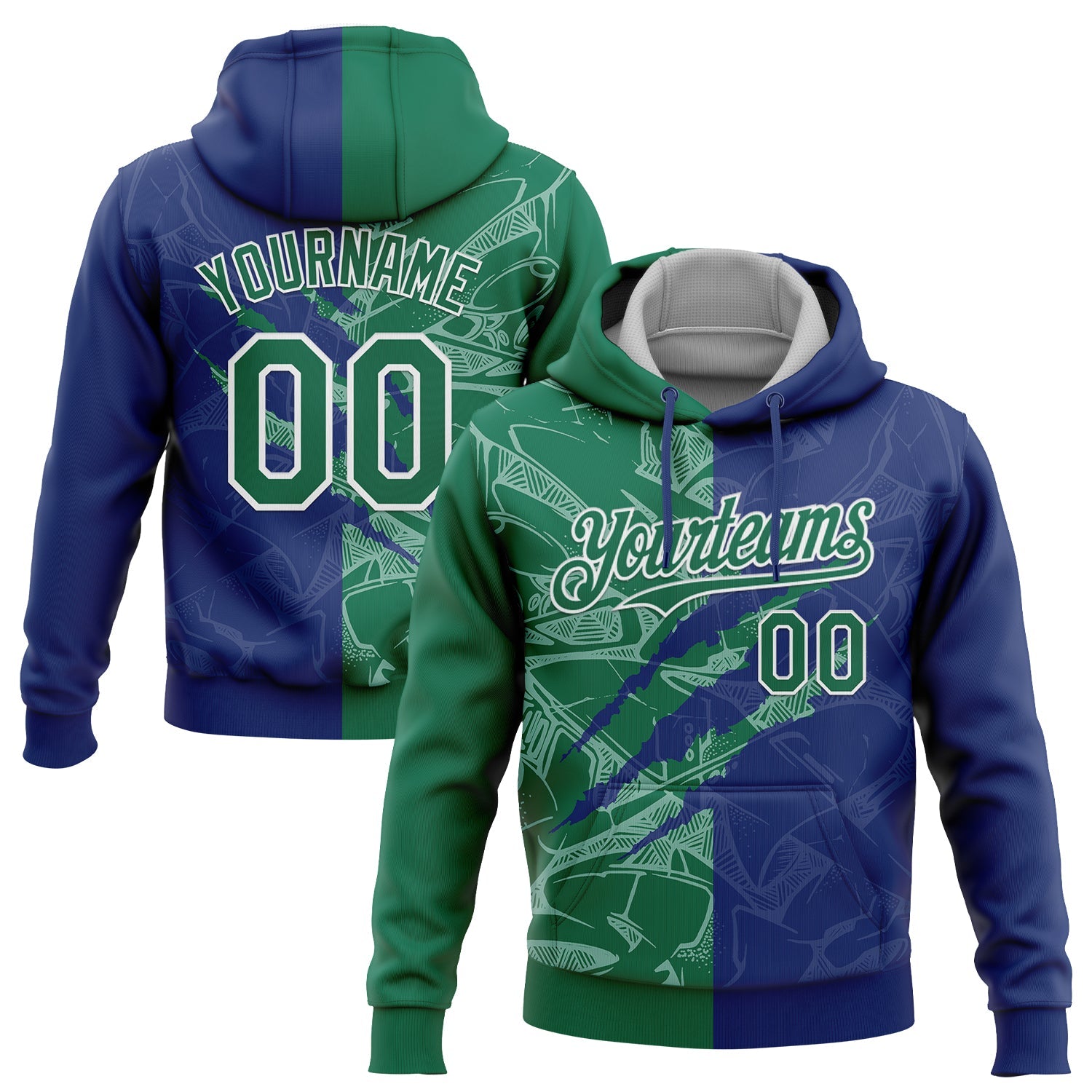 Custom Stitched Graffiti Pattern Kelly Green Royal-White 3D Scratch Sports Pullover Sweatshirt Hoodie - Main View