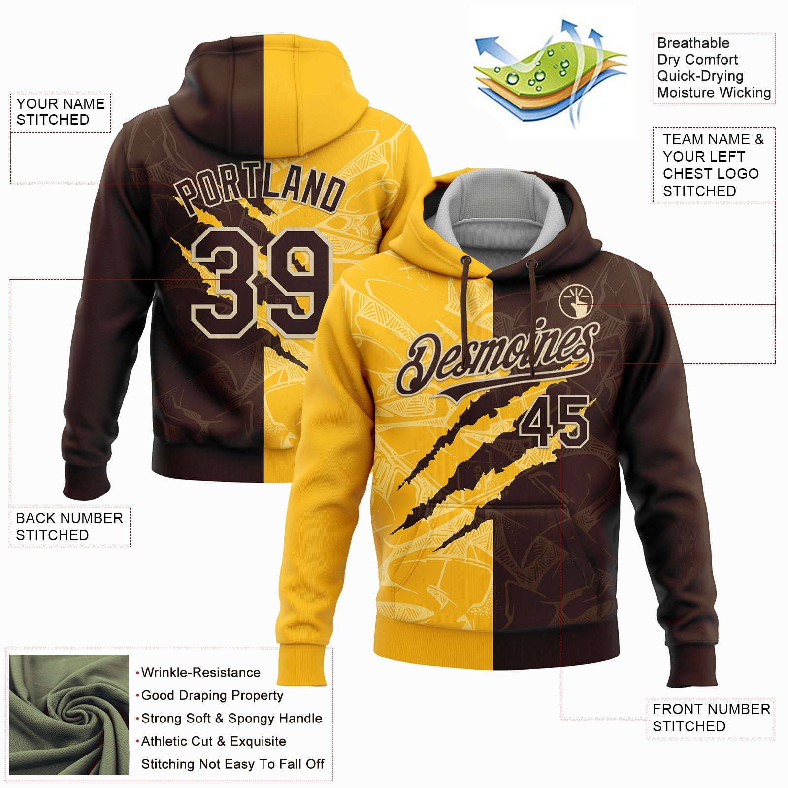 Custom Stitched Graffiti Pattern Brown Gold-Cream 3D Scratch Sports Pullover Sweatshirt Hoodie view 2
