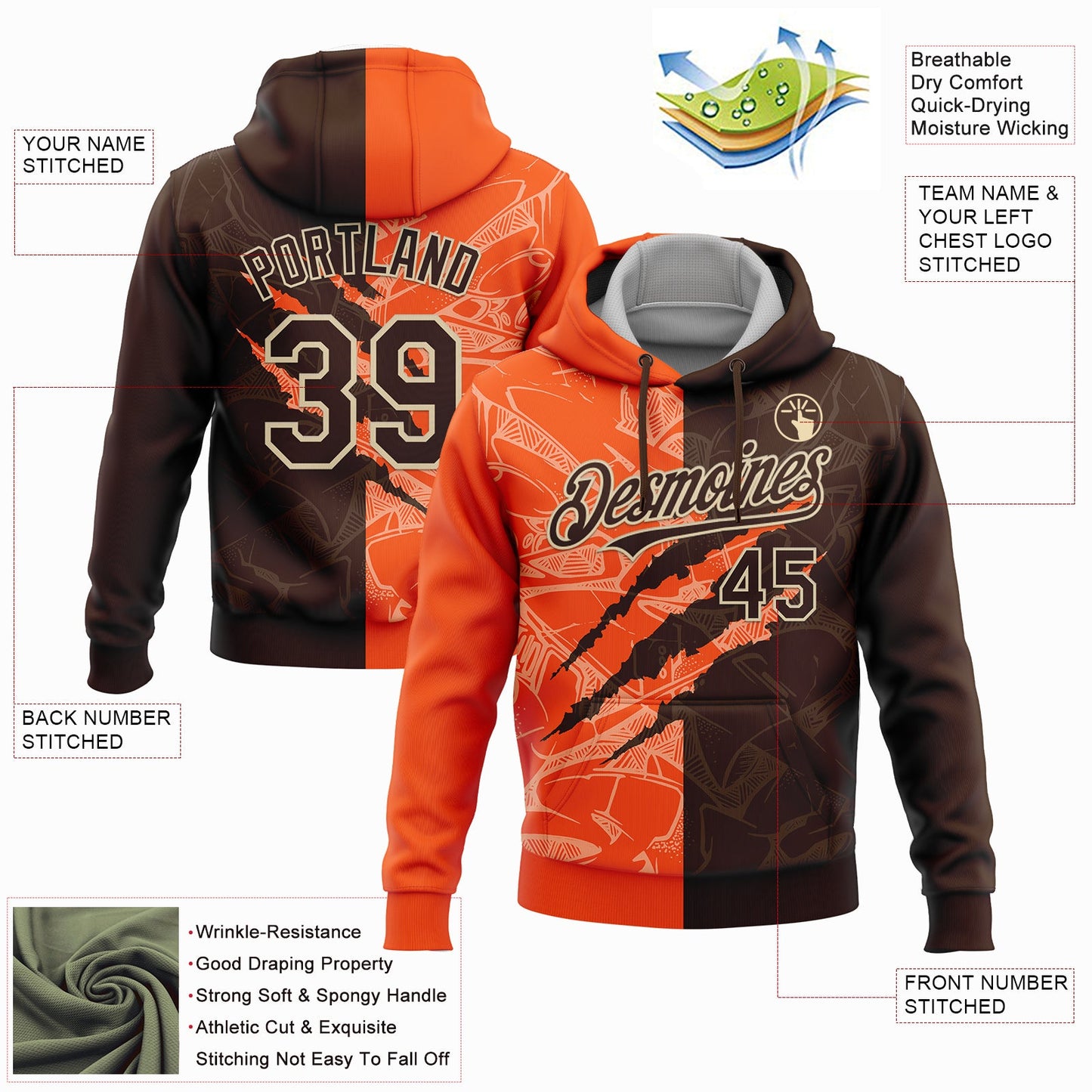 Custom Stitched Graffiti Pattern Brown Orange-Cream 3D Scratch Sports Pullover Sweatshirt Hoodie view 2