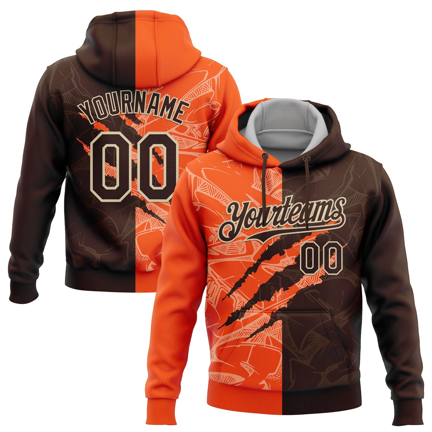 Custom Stitched Graffiti Pattern Brown Orange-Cream 3D Scratch Sports Pullover Sweatshirt Hoodie - Main View