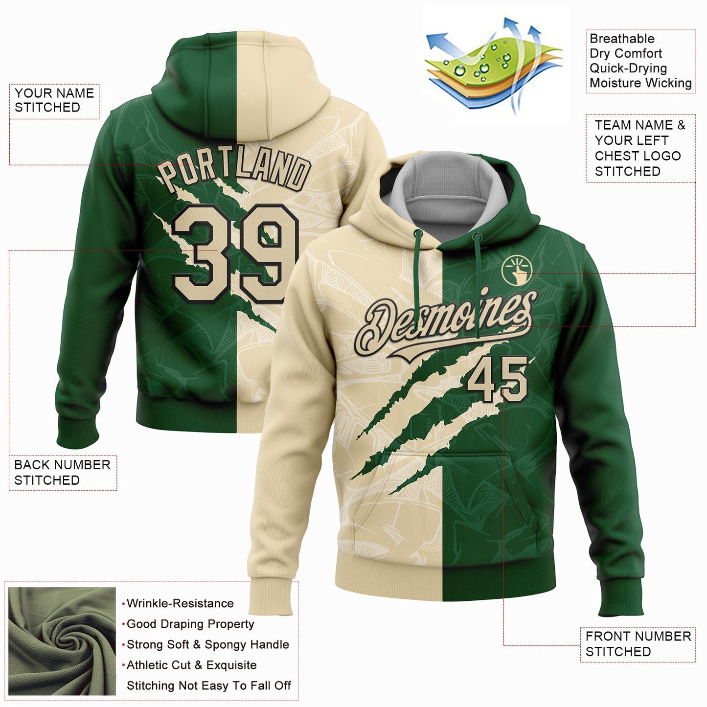 Custom Stitched Graffiti Pattern Cream Green-Black 3D Scratch Sports Pullover Sweatshirt Hoodie view 2