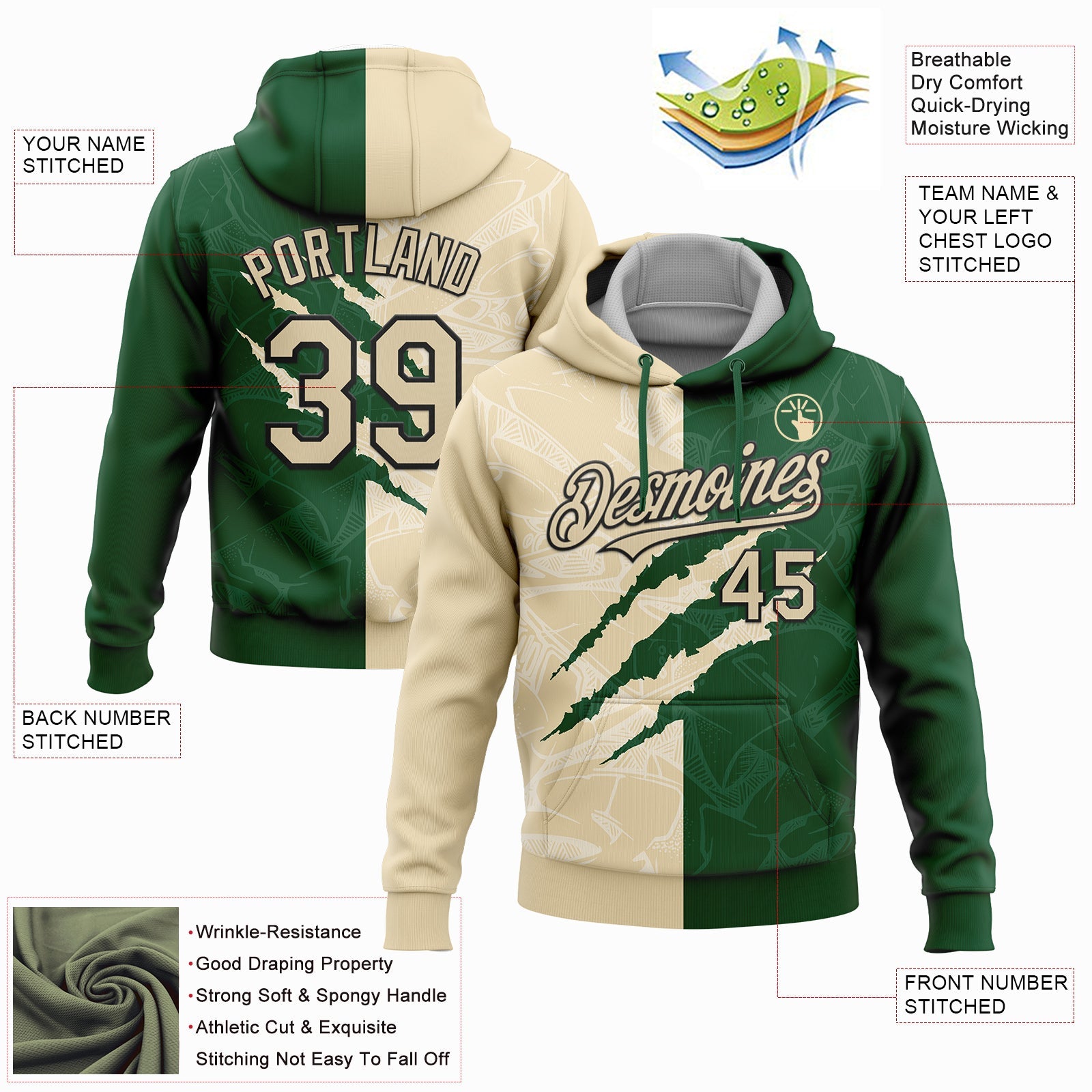Custom Stitched Graffiti Pattern Cream Green-Black 3D Scratch Sports Pullover Sweatshirt Hoodie view 2