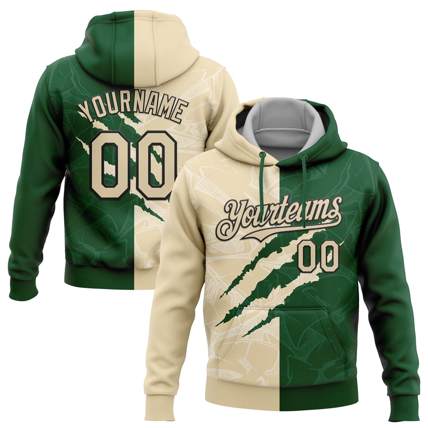Custom Stitched Graffiti Pattern Cream Green-Black 3D Scratch Sports Pullover Sweatshirt Hoodie - Main View