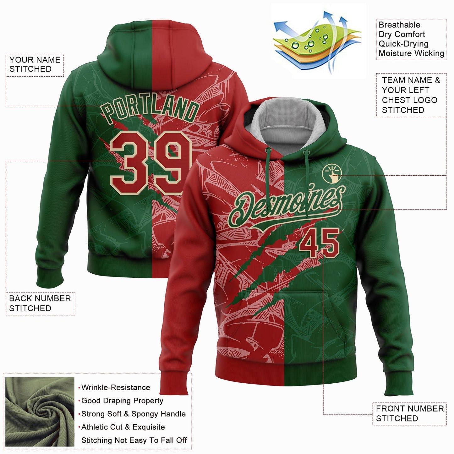 Custom Stitched Graffiti Pattern Red Green-Cream 3D Scratch Sports Pullover Sweatshirt Hoodie view 2