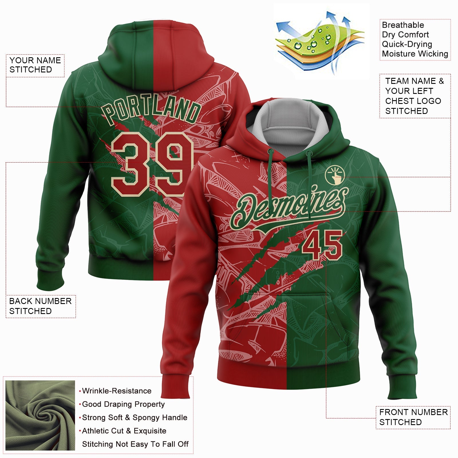 Custom Stitched Graffiti Pattern Red Green-Cream 3D Scratch Sports Pullover Sweatshirt Hoodie view 2