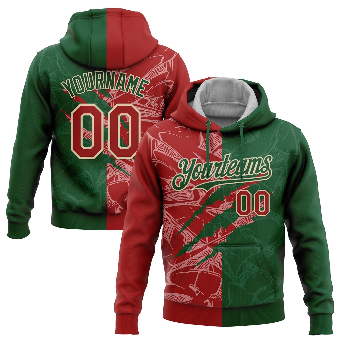 Custom Stitched Graffiti Pattern Red Green-Cream 3D Scratch Sports Pullover Sweatshirt Hoodie - Main View