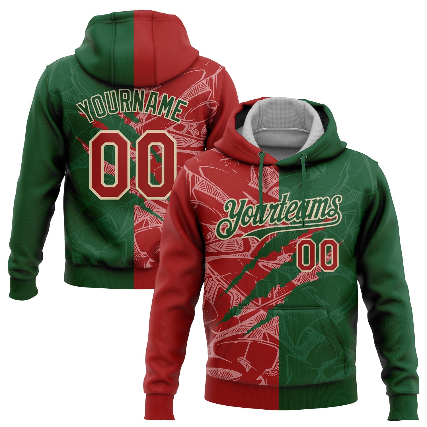 Custom Stitched Graffiti Pattern Red Green-Cream 3D Scratch Sports Pullover Sweatshirt Hoodie - Main View