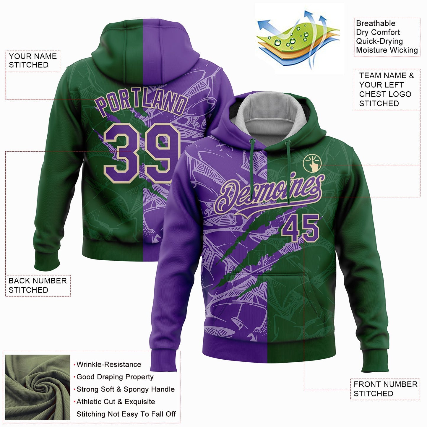 Custom Stitched Graffiti Pattern Purple Green-Cream 3D Scratch Sports Pullover Sweatshirt Hoodie view 2