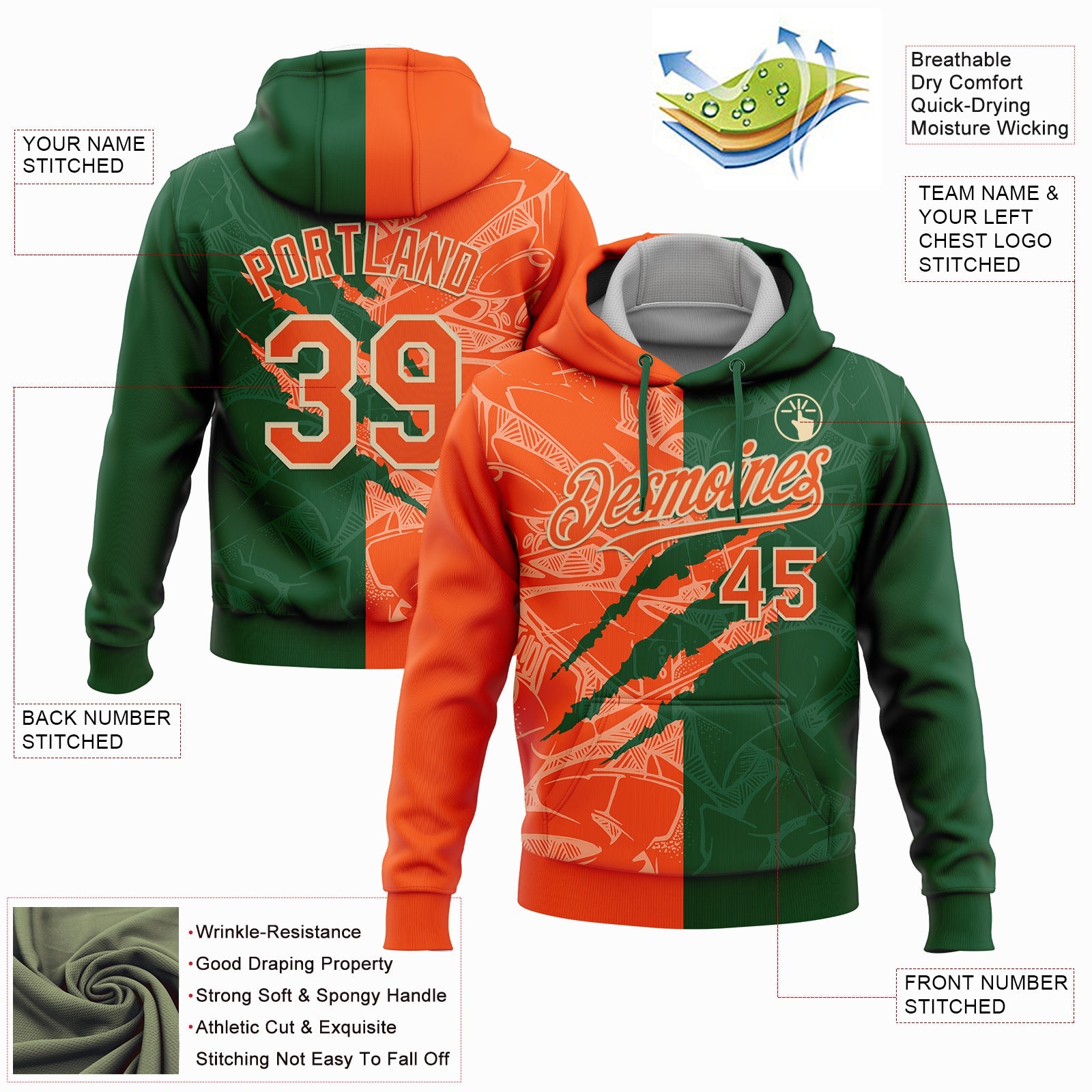 Custom Stitched Graffiti Pattern Orange Green-Cream 3D Scratch Sports Pullover Sweatshirt Hoodie view 2