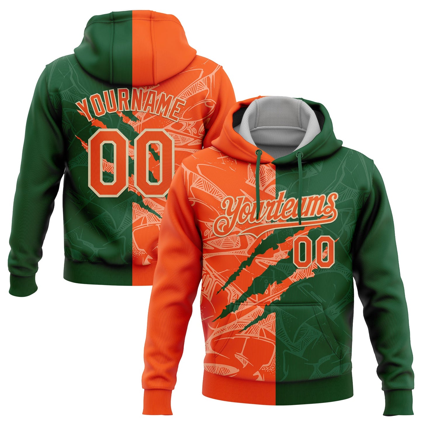 Custom Stitched Graffiti Pattern Orange Green-Cream 3D Scratch Sports Pullover Sweatshirt Hoodie - Main View