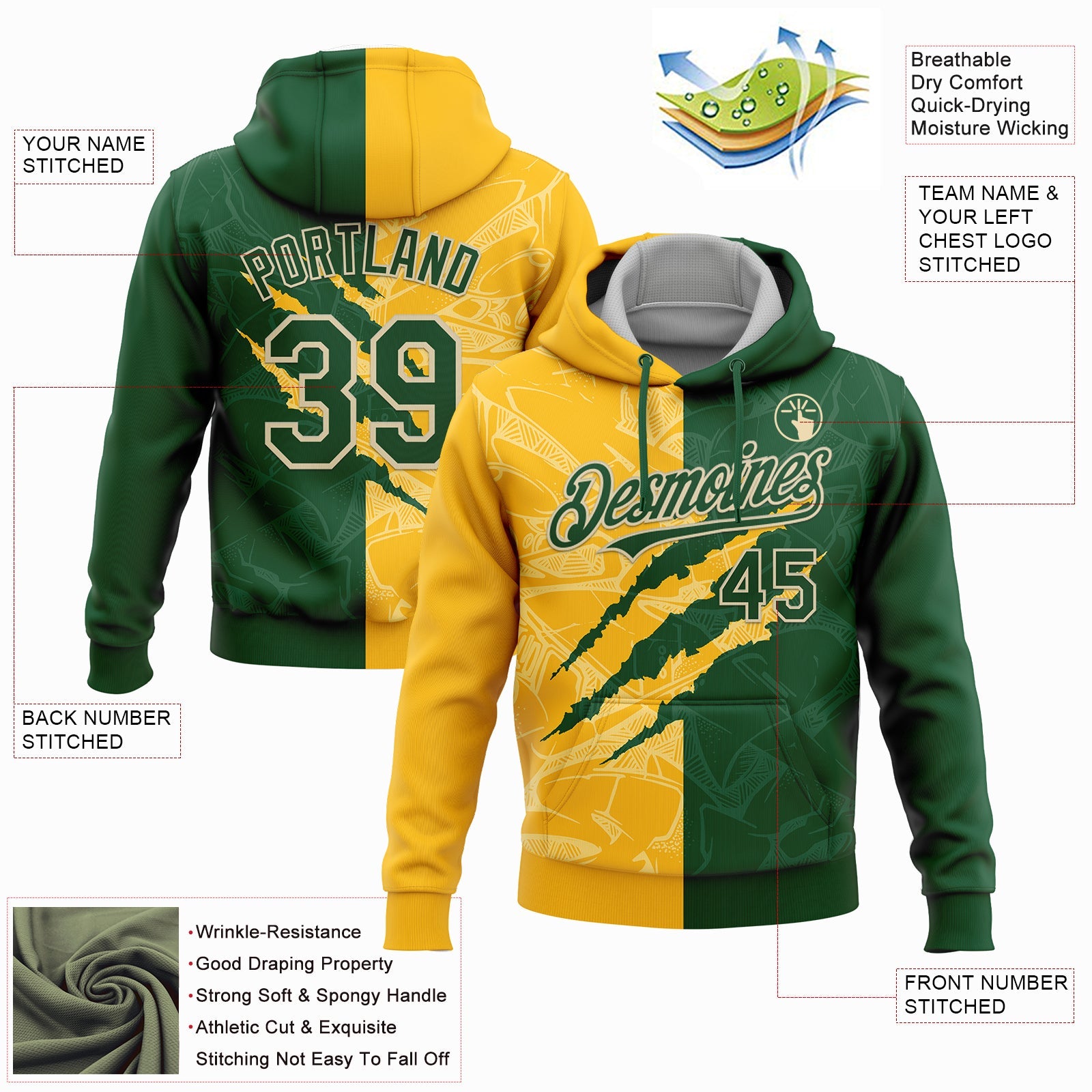 Custom Stitched Graffiti Pattern Green Gold-Cream 3D Scratch Sports Pullover Sweatshirt Hoodie view 2