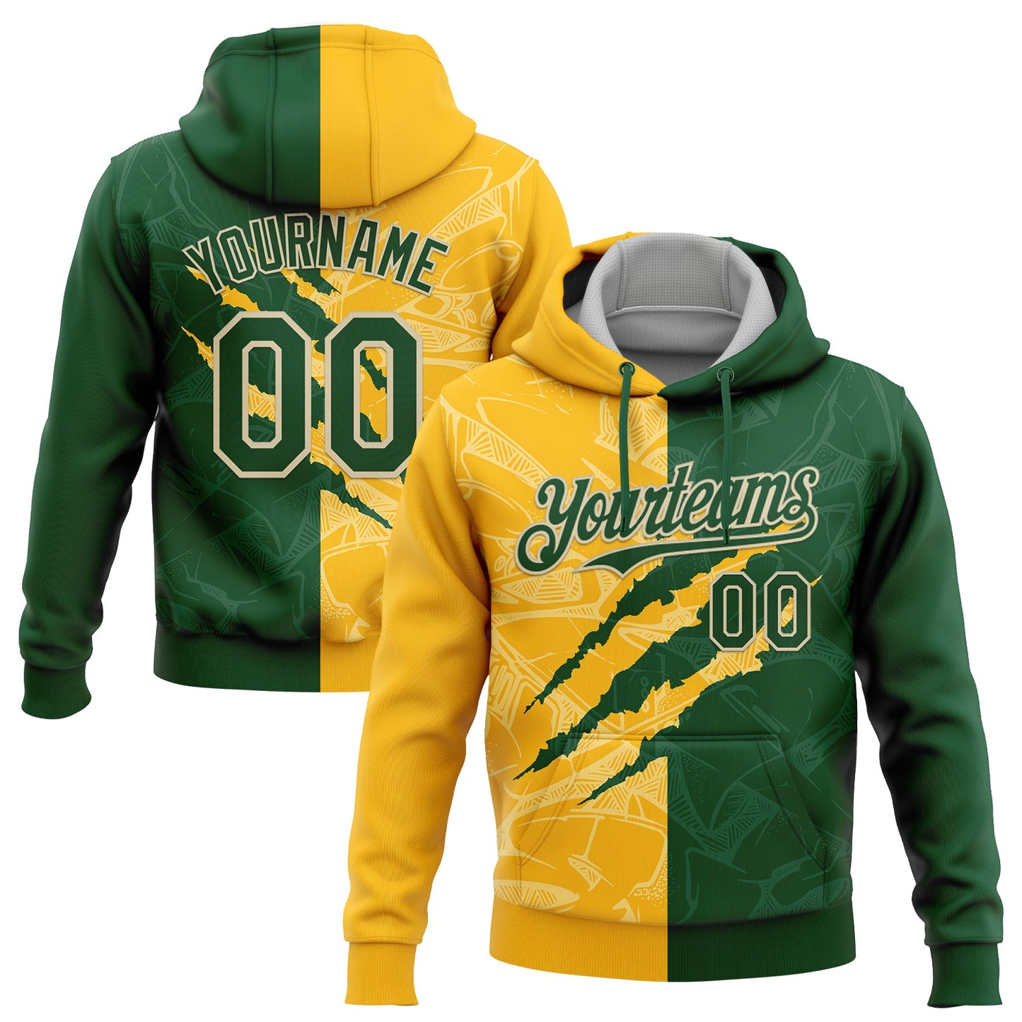Custom Stitched Graffiti Pattern Green Gold-Cream 3D Scratch Sports Pullover Sweatshirt Hoodie - Main View