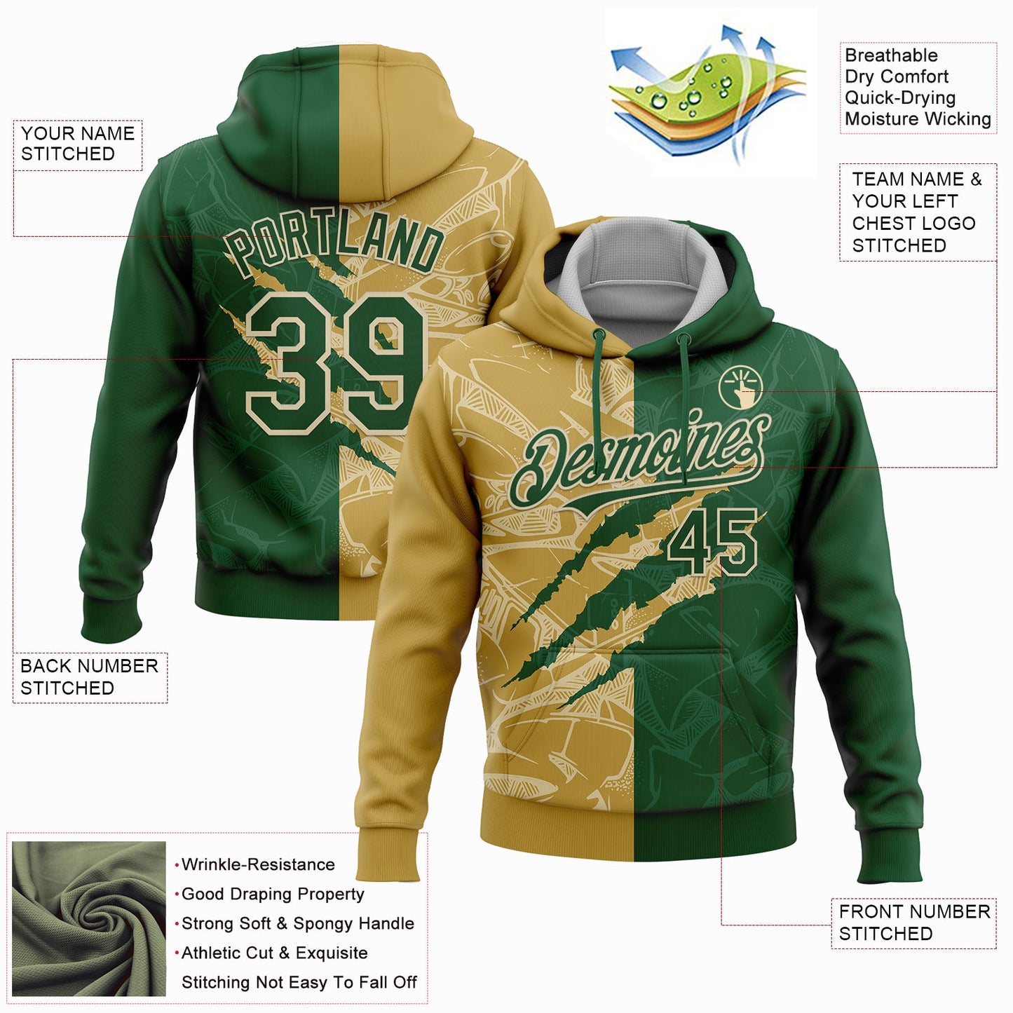 Custom Stitched Graffiti Pattern Green Old Gold-Cream 3D Scratch Sports Pullover Sweatshirt Hoodie view 2