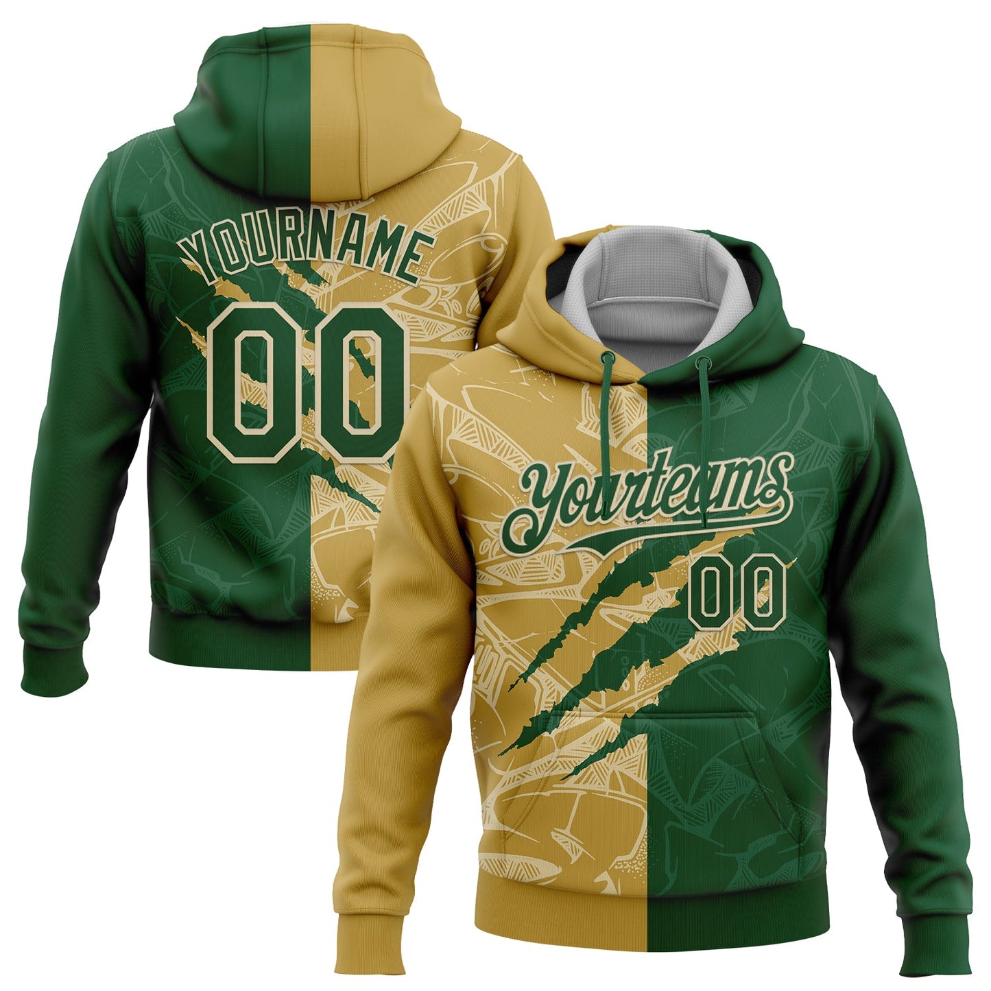 Custom Stitched Graffiti Pattern Green Old Gold-Cream 3D Scratch Sports Pullover Sweatshirt Hoodie - Main View