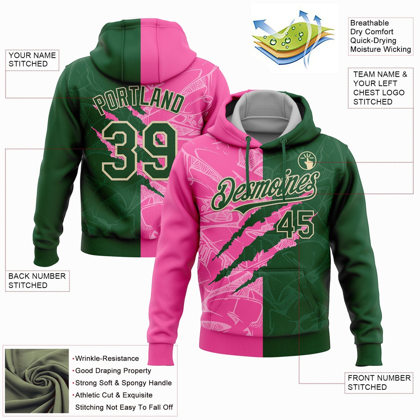 Custom Stitched Graffiti Pattern Green Pink-Cream 3D Scratch Sports Pullover Sweatshirt Hoodie view 2