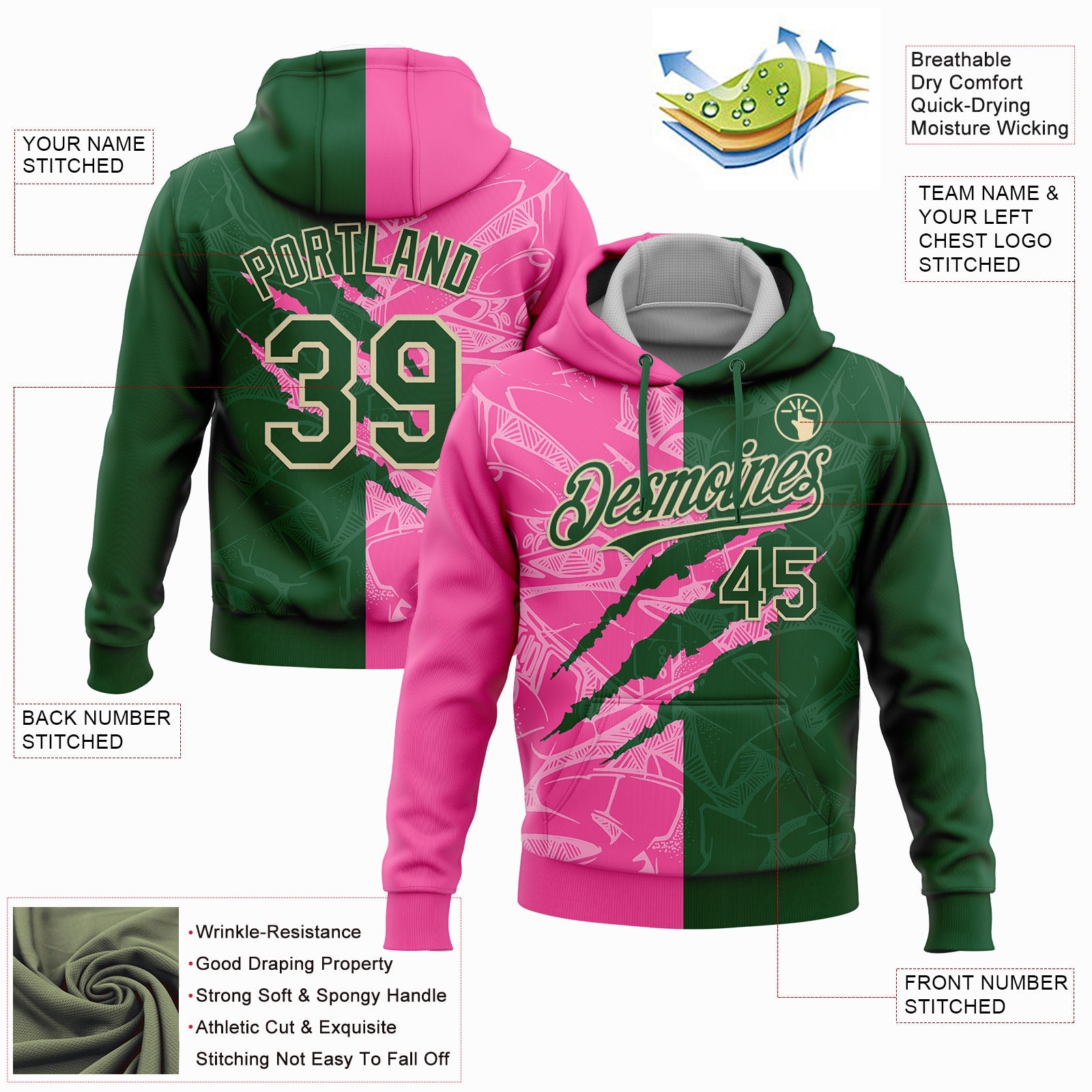 Custom Stitched Graffiti Pattern Green Pink-Cream 3D Scratch Sports Pullover Sweatshirt Hoodie view 2