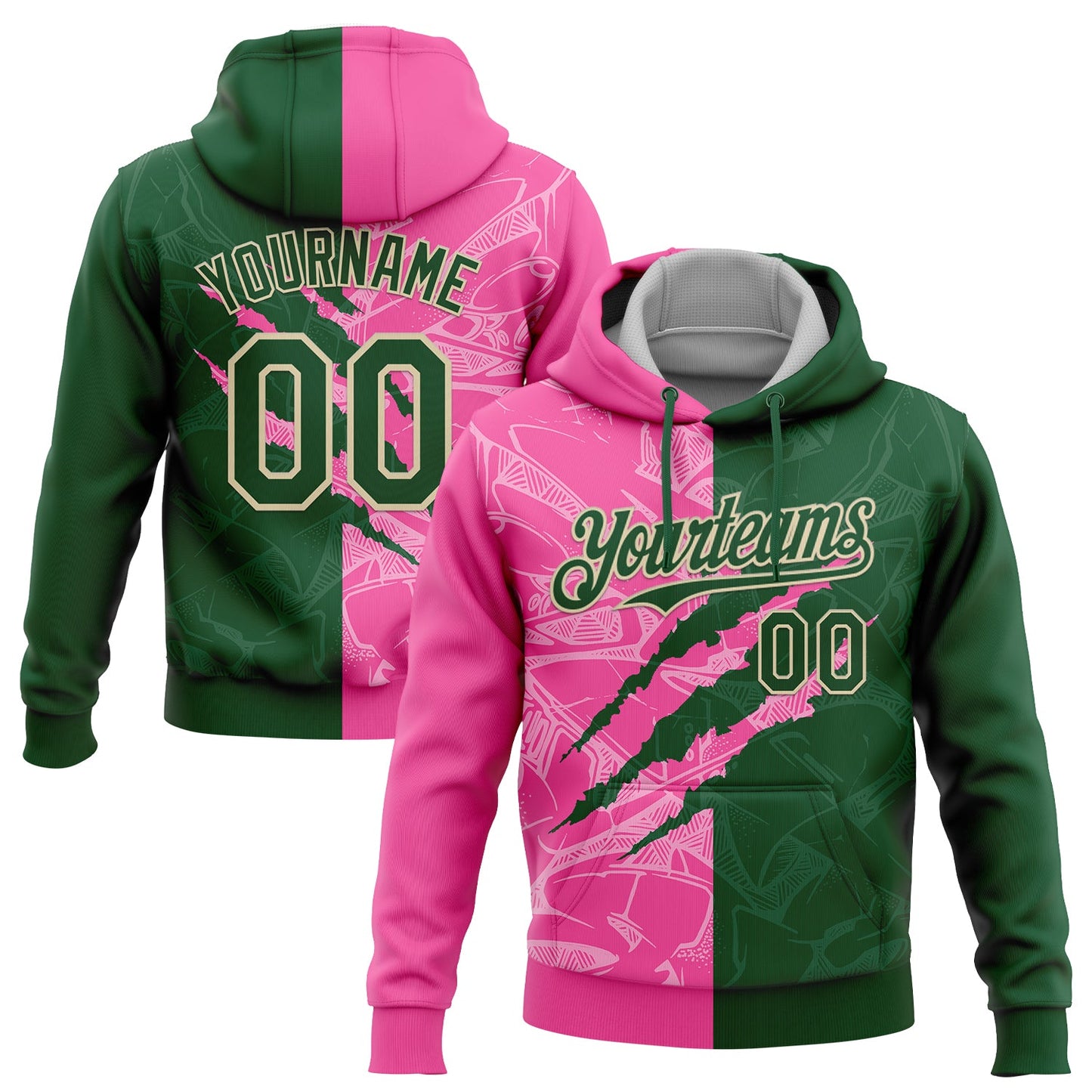 Custom Stitched Graffiti Pattern Green Pink-Cream 3D Scratch Sports Pullover Sweatshirt Hoodie - Main View
