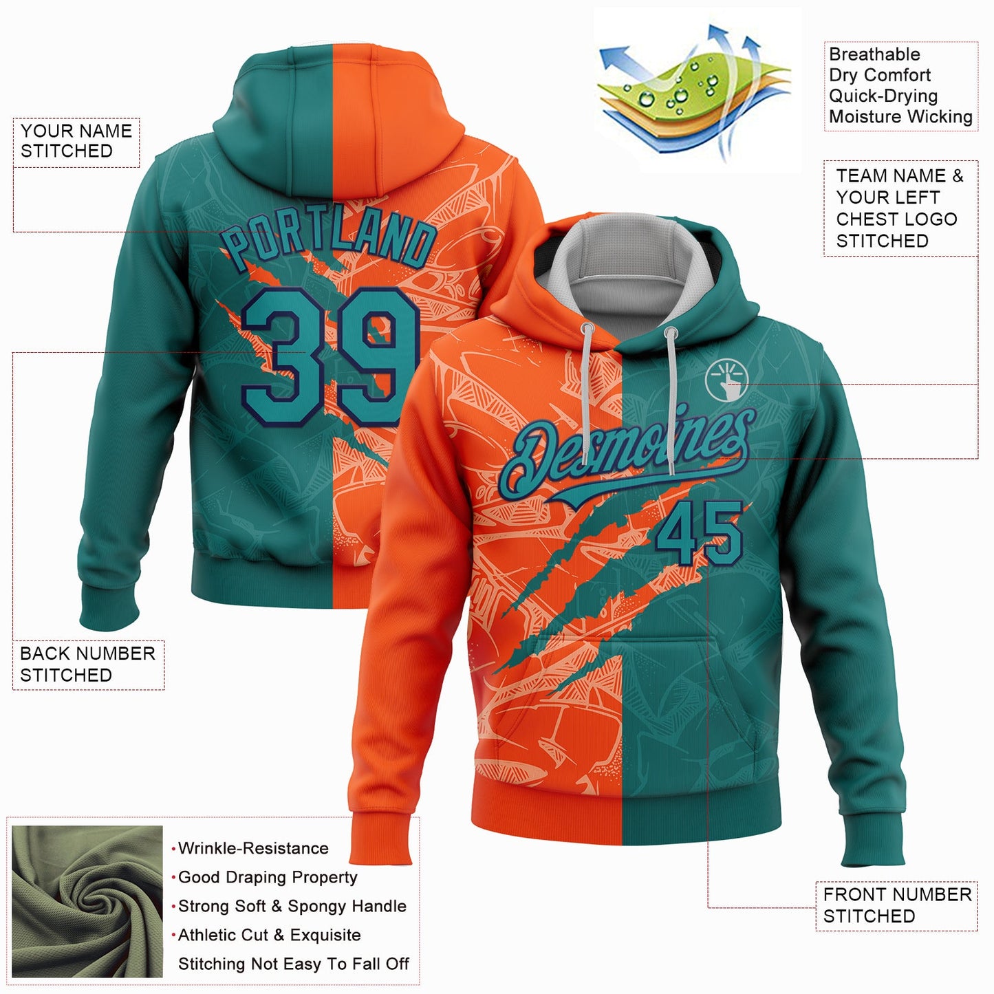 Custom Stitched Graffiti Pattern Teal Orange-Black 3D Scratch Sports Pullover Sweatshirt Hoodie view 2