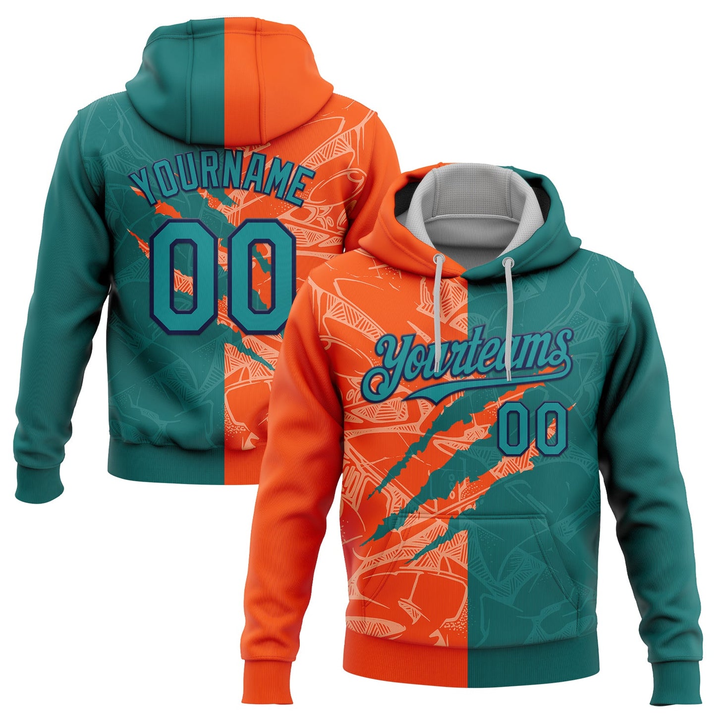 Custom Stitched Graffiti Pattern Teal Orange-Black 3D Scratch Sports Pullover Sweatshirt Hoodie - Main View