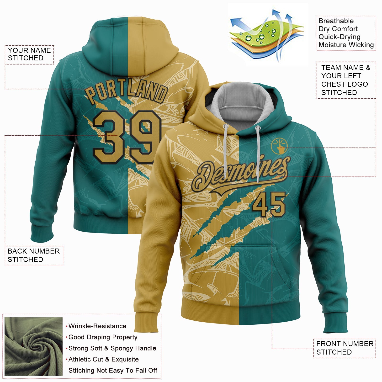 Custom Stitched Graffiti Pattern Old Gold Teal-Black 3D Scratch Sports Pullover Sweatshirt Hoodie view 2